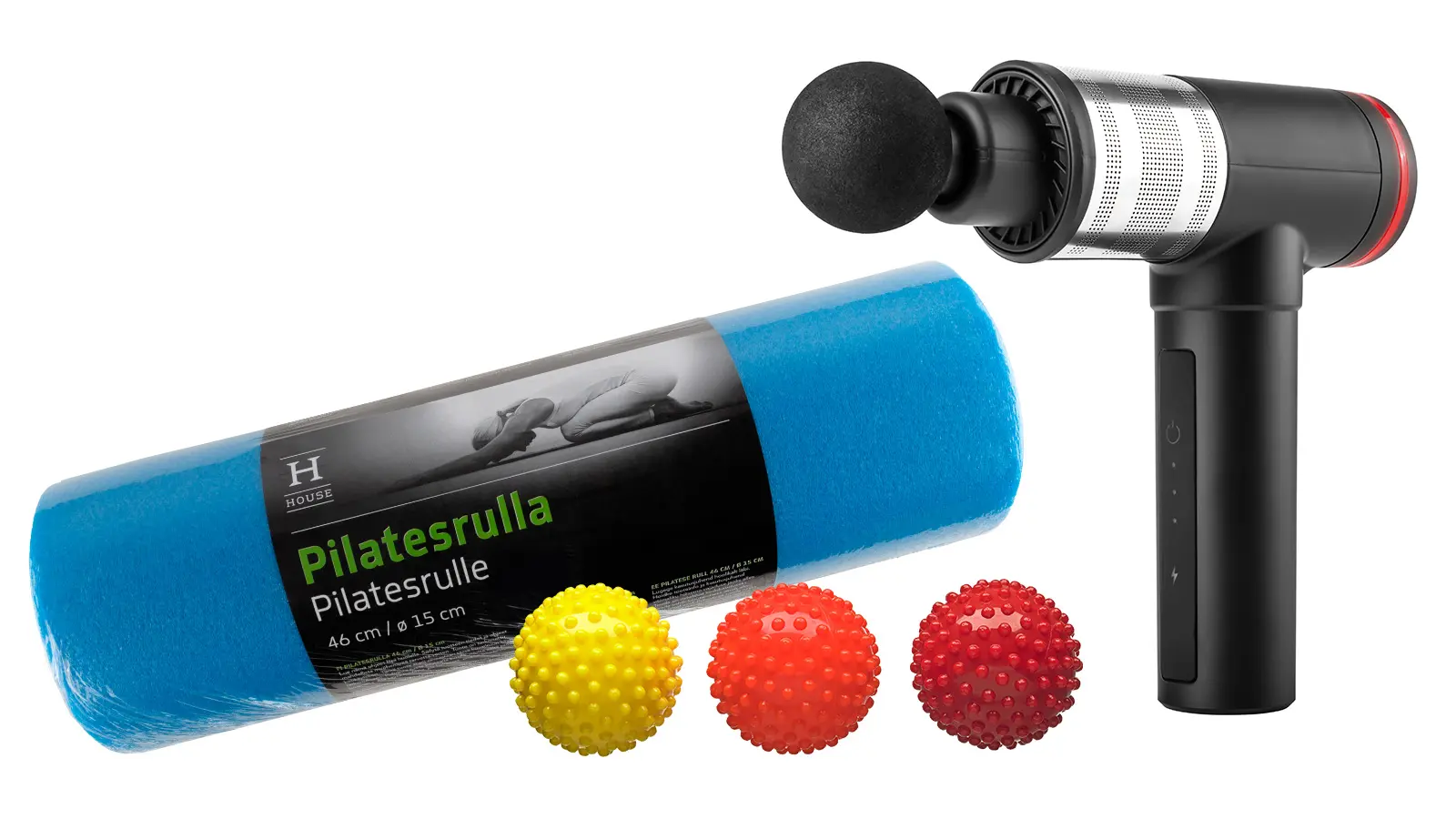 Pilatesrulla, hierontapalloja ja lihashuoltovasara