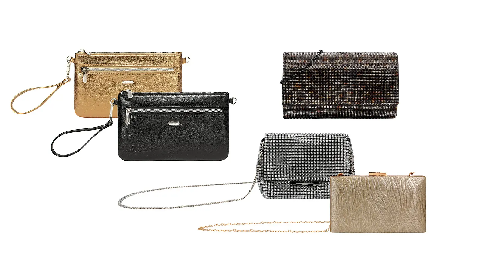 Erilaisia juhlavia pikkulaukkuja