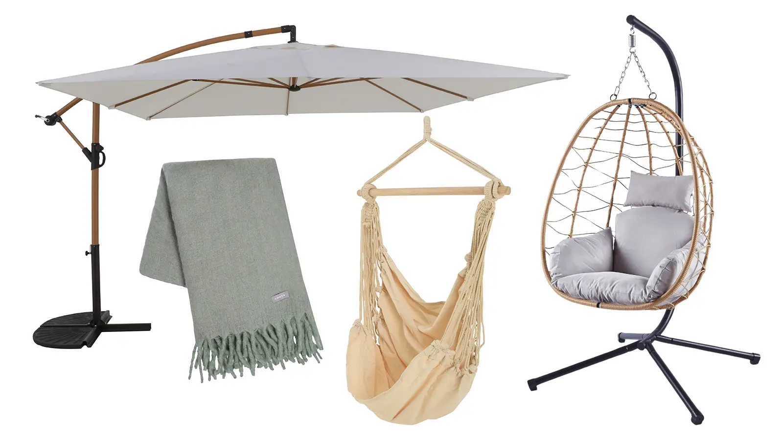 Riipputuoleja, aurinkovarjo ja viltti