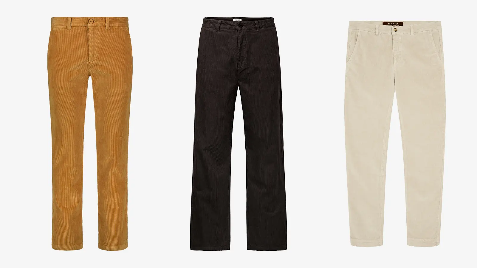 Sinapinkeltaiset vakosamettihousut, mustat vakosamettihousut ja vaaleat vakosamettihousut