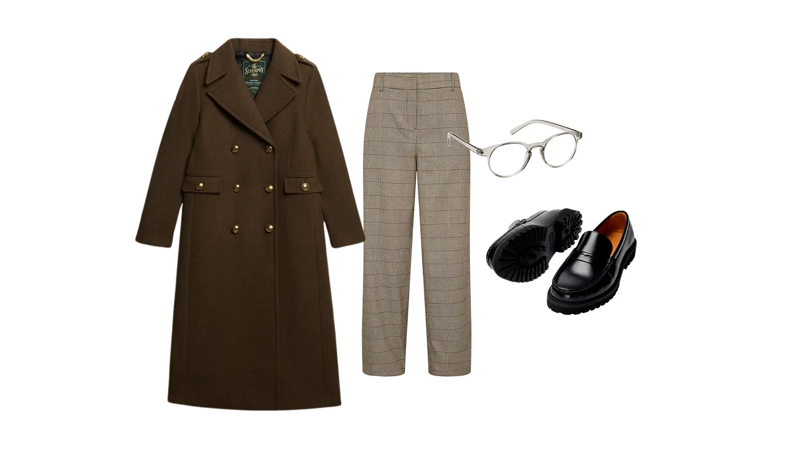 Housut, kengät, silmälasit ja takki