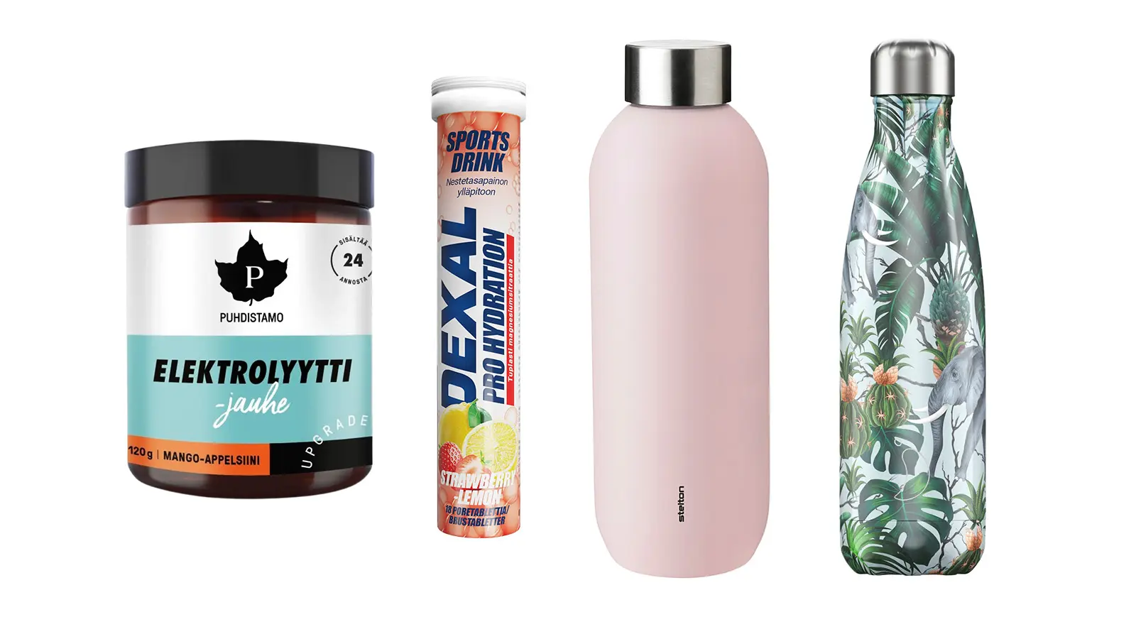 Elektrolyyttejä ja kaksi juomapulloa