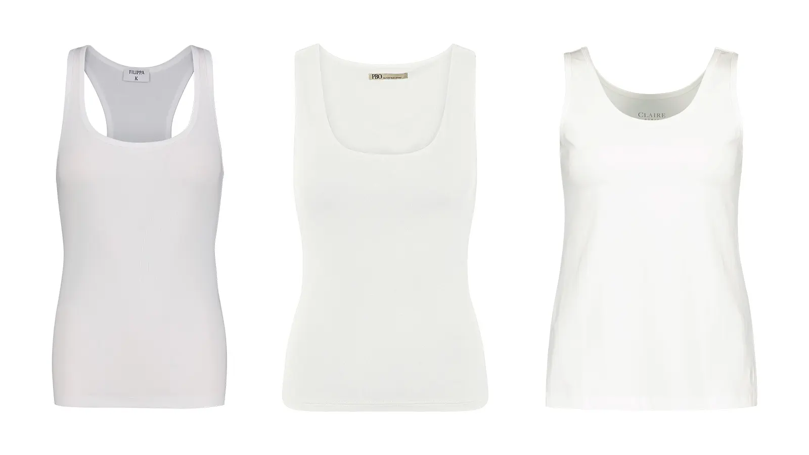 Kolme valkoista tank-top-toppia.