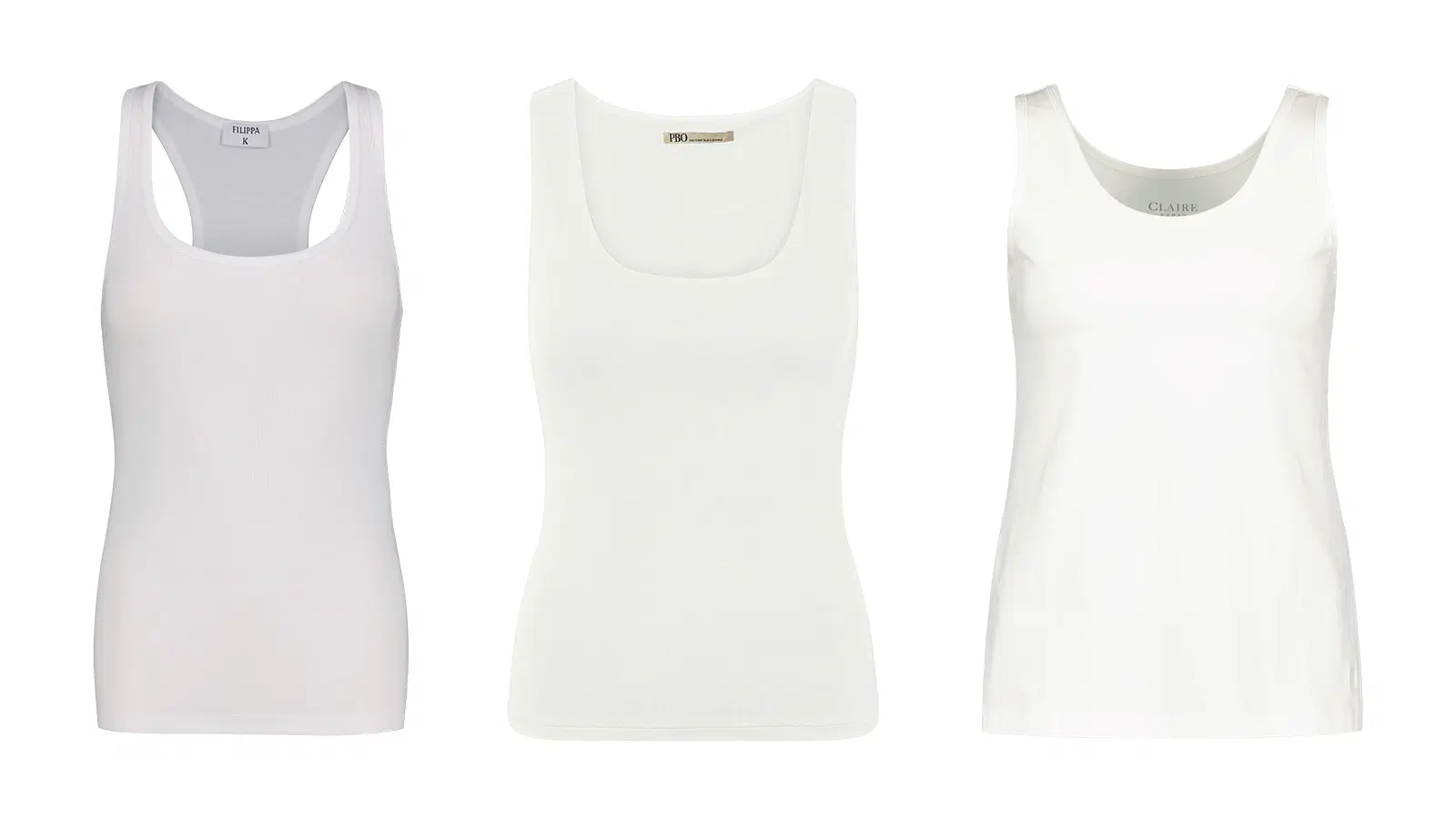 Kolme valkoista tank-top-toppia.