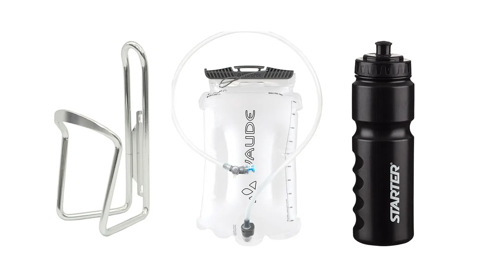 Juomavälineitä polkupyöräilijälle: juomapulloteline, juomapullo ja selkään laitettava pussi, jossa on letku.