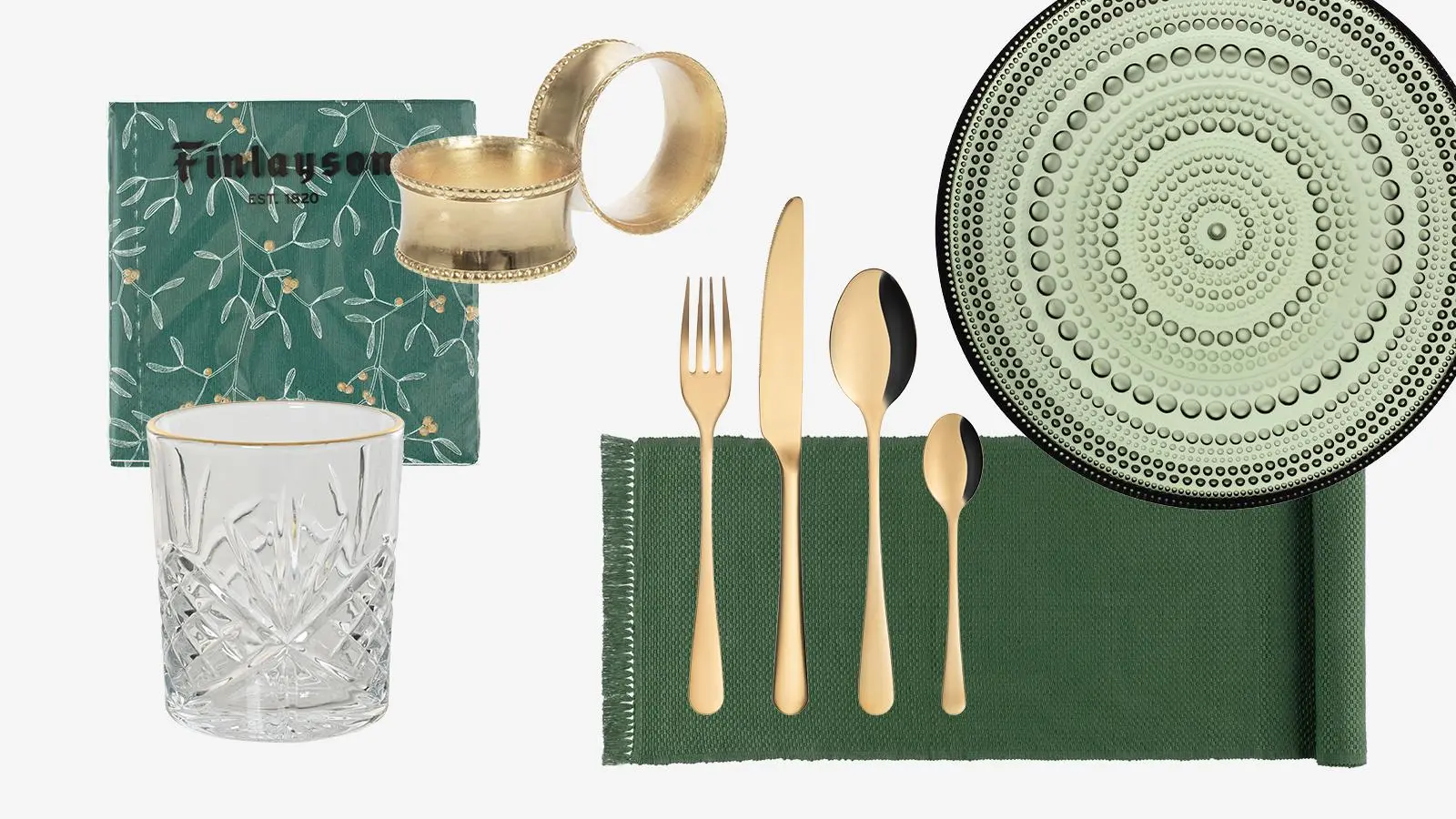 Finlayson Misteli lautasliina, AmandaB Servettirengas Gordon, Decoris Lasi kultareunuksella, Maku Ruokailuvälineet, Fanni K Kaitaliina Silva, Iittala Kastehelmi lautanen