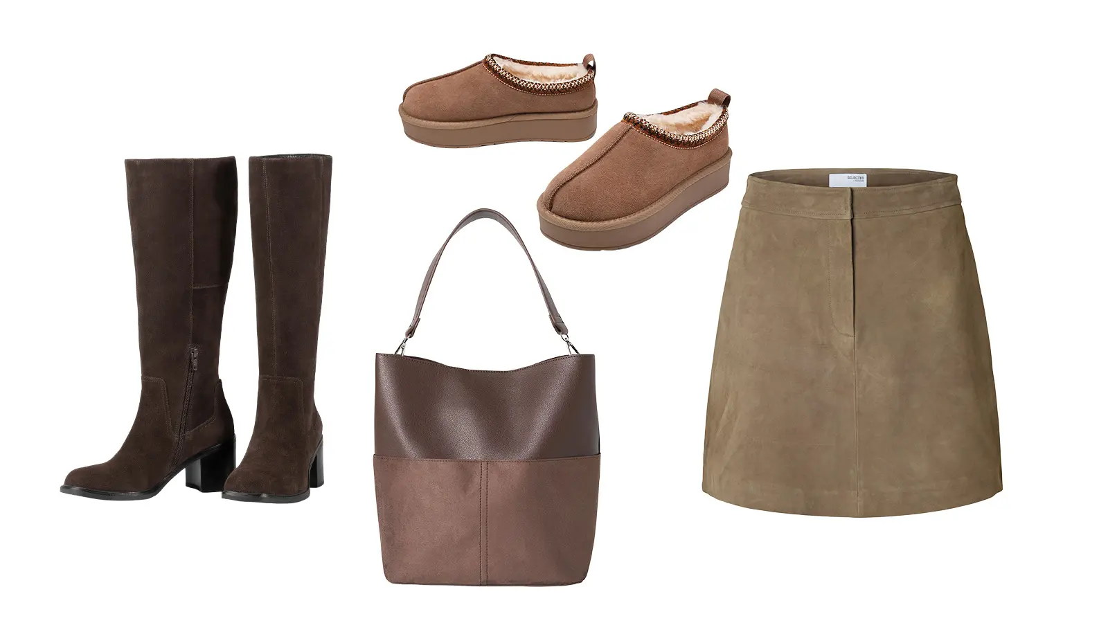 Mokkanahkaisia kenkiä, laukku ja hame