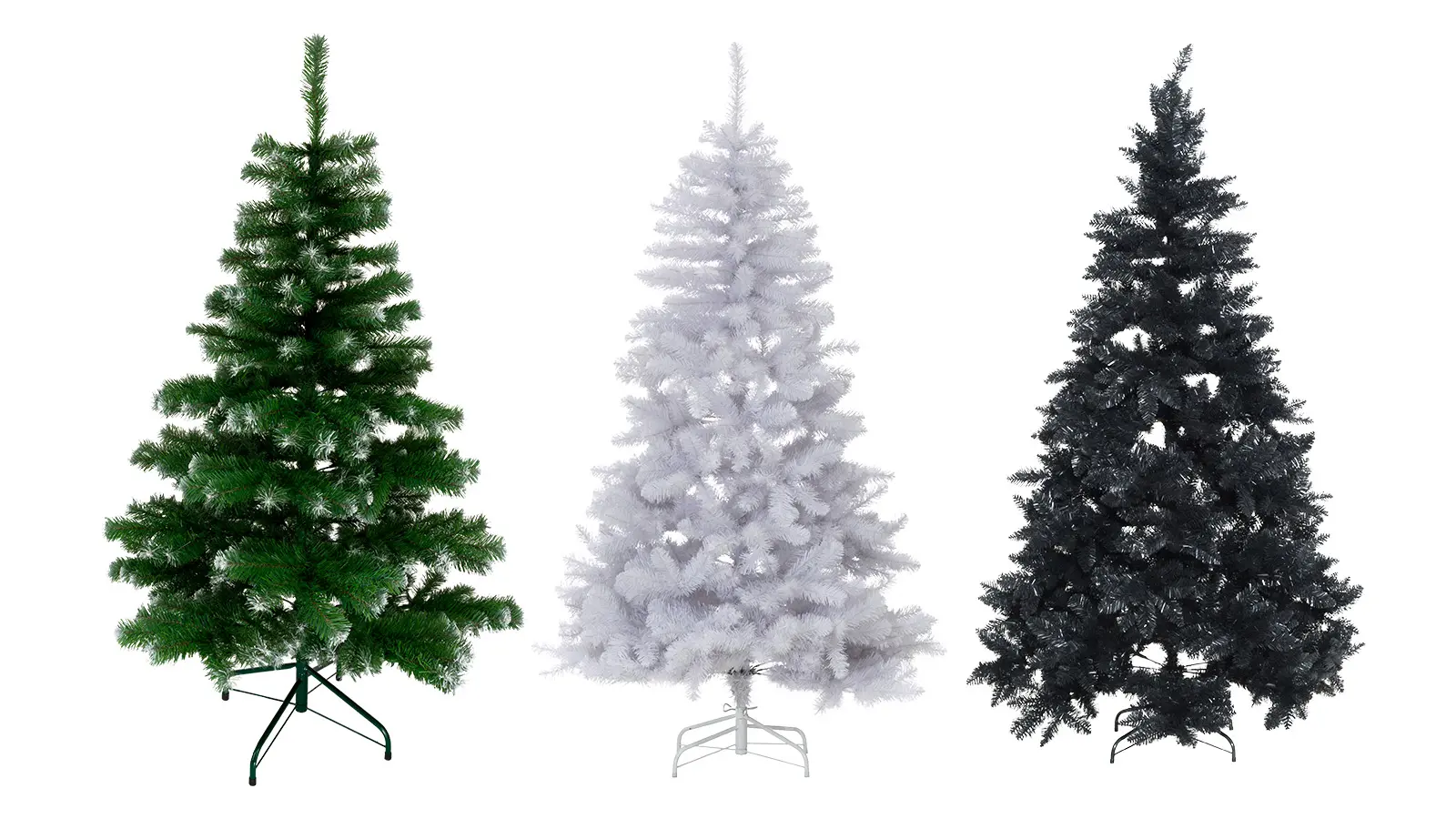 Perinteinen, valkoinen ja musta joulukuusi vierekkäin