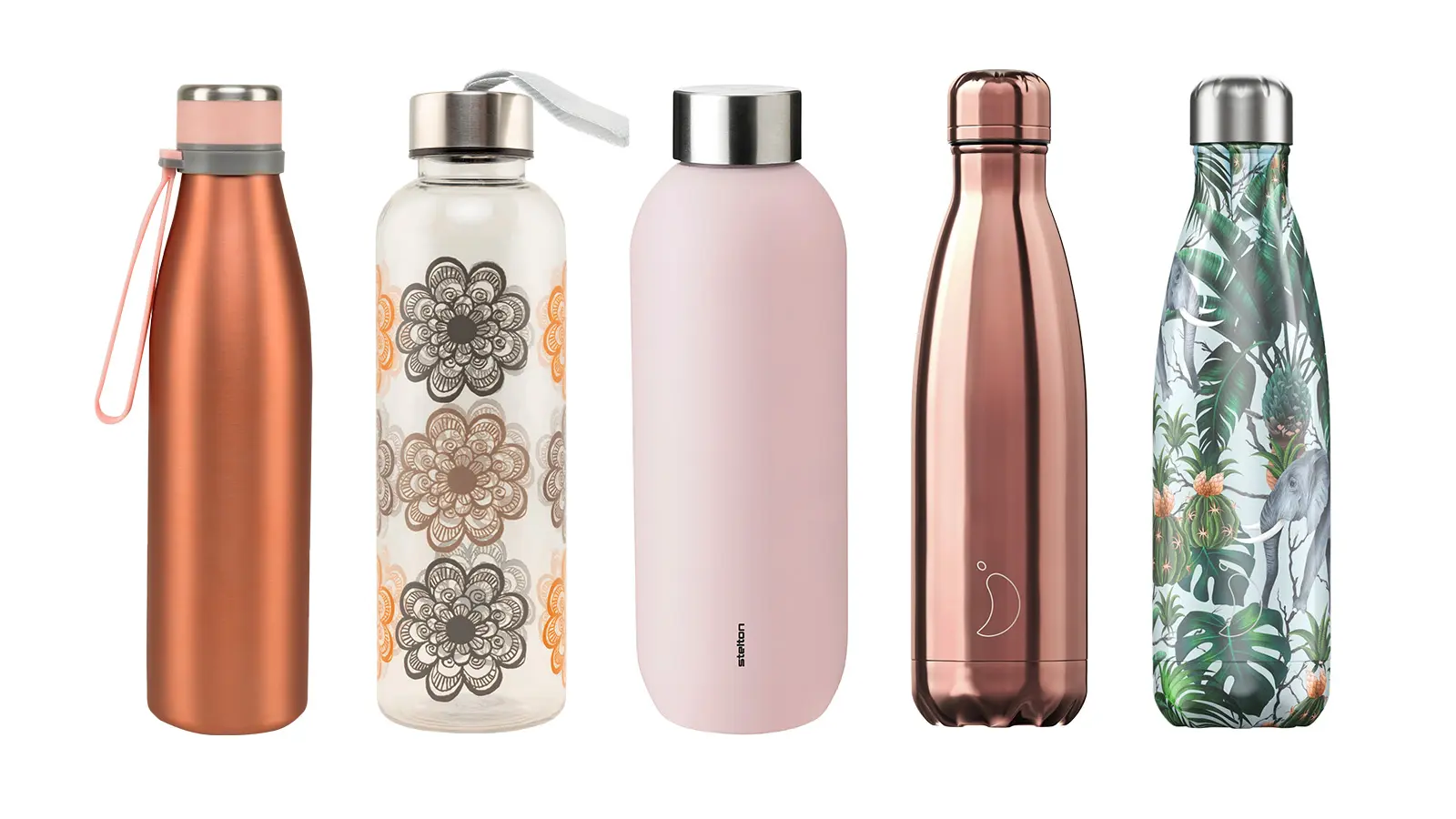 Erilaisia värikkäitä vesipulloja