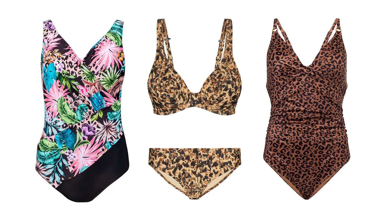 Kukkakuvioinen uimapuku, leoparikuosiset bikinit, leopardikuosinen uimapuku.