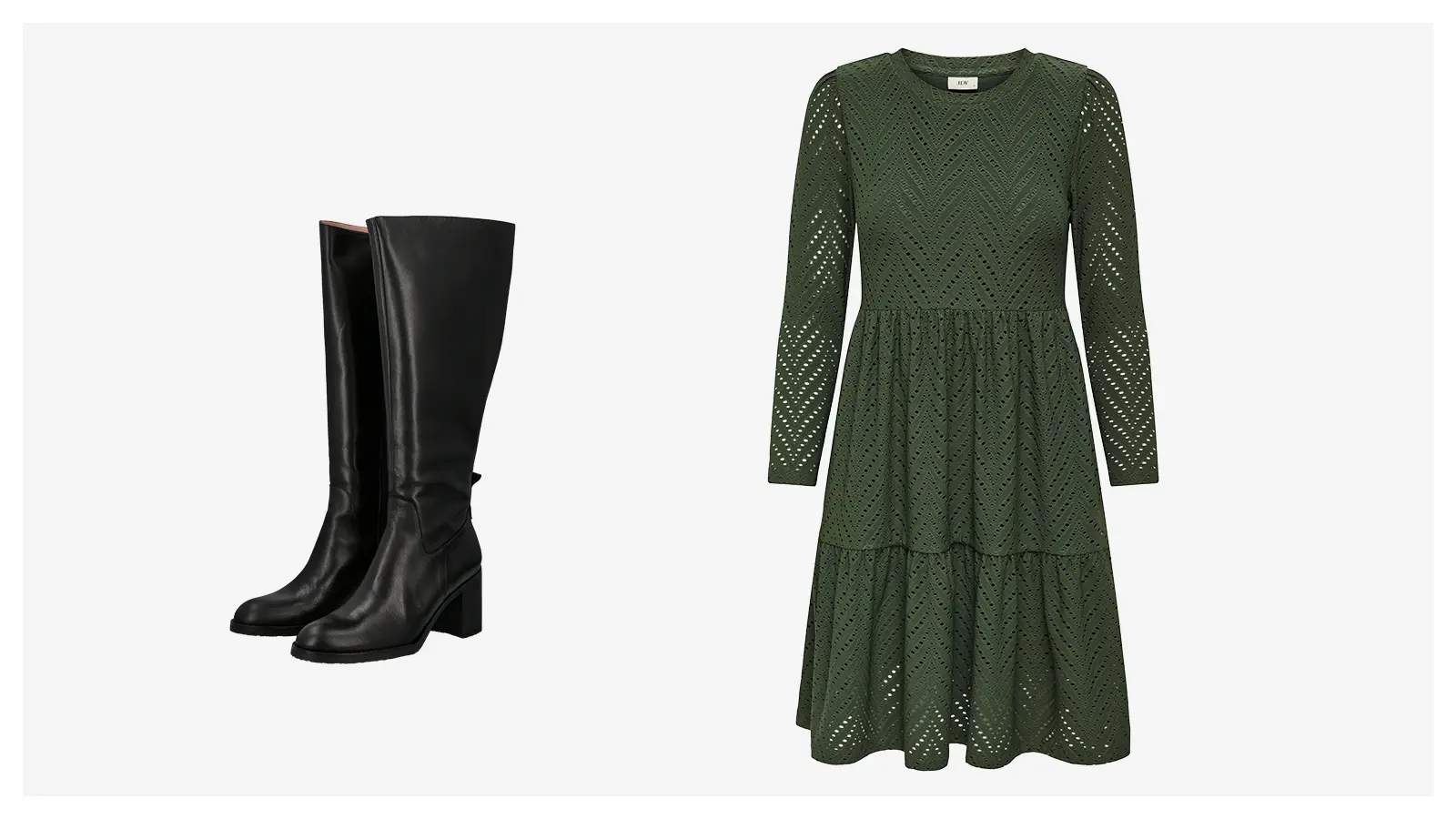 Mustat korolliset nahkasaappaat ja tummanvihreä polvipituinen brodeerattu mekko