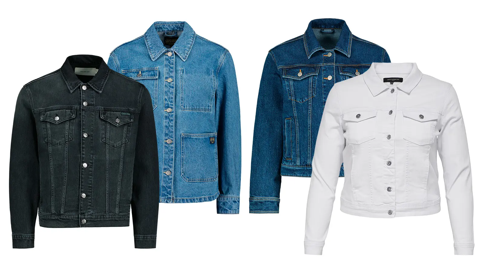 Neljä farkkutakkia rivissä.