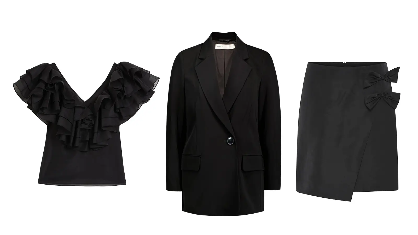 Lyhythihainen musta juhlapaita, bleiseri ja musta minihame