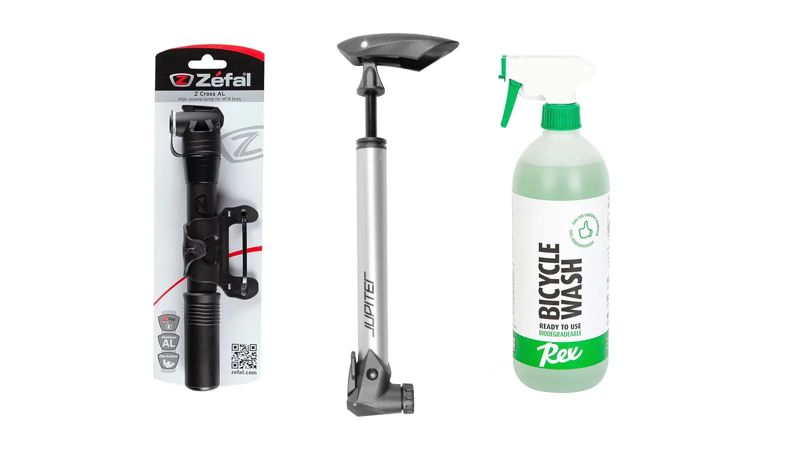 Kaksi pyöränpumppua ja pullo pyöränpesunestettä.