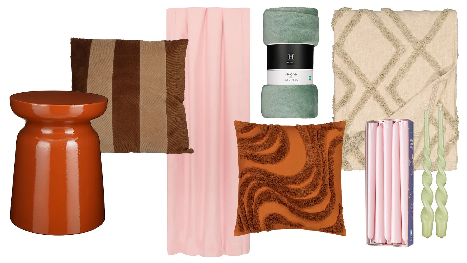 Erilaisia vuoden 2025 trendiväreihin sopivia sisustusesineitä