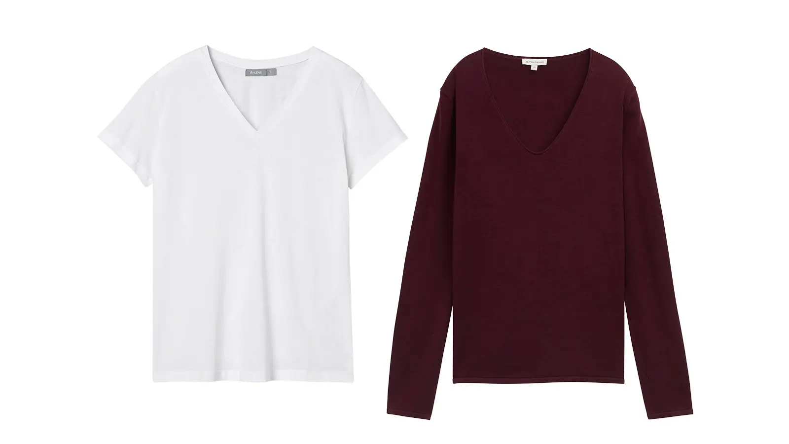 Valkoinen t-paita ja viininpunainen neule