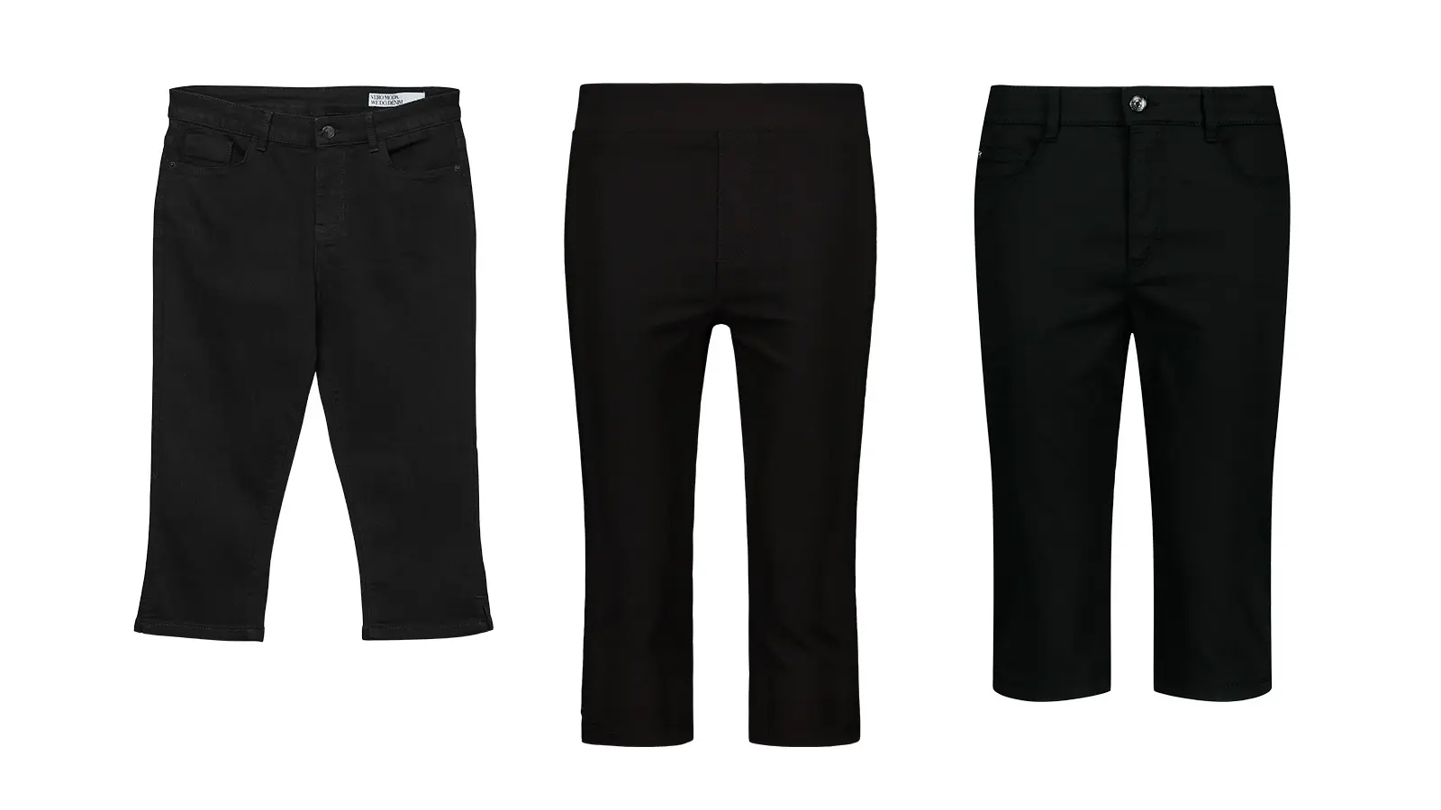 Kolme paria mustia caprihousuja.