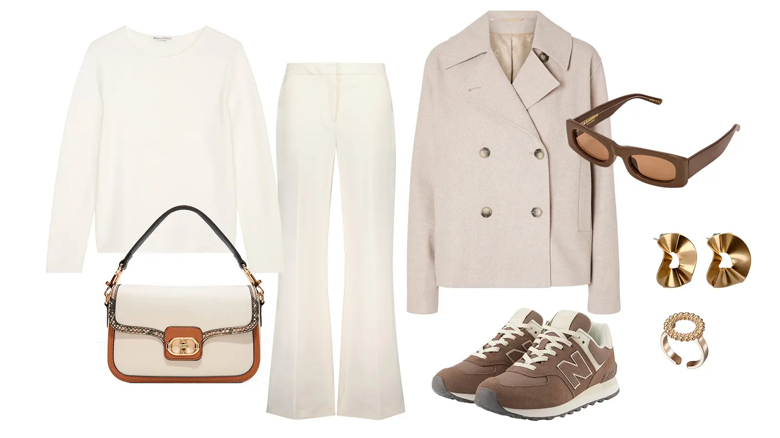 Valkoinen asu ruskean sävyisten yksityiskohtien kanssa