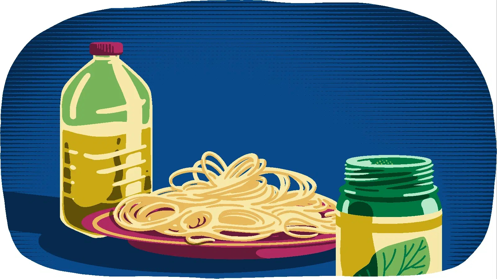 Kuvitusanimaatio, jossa pestopurkista pesto hyppähtää pastan päälle