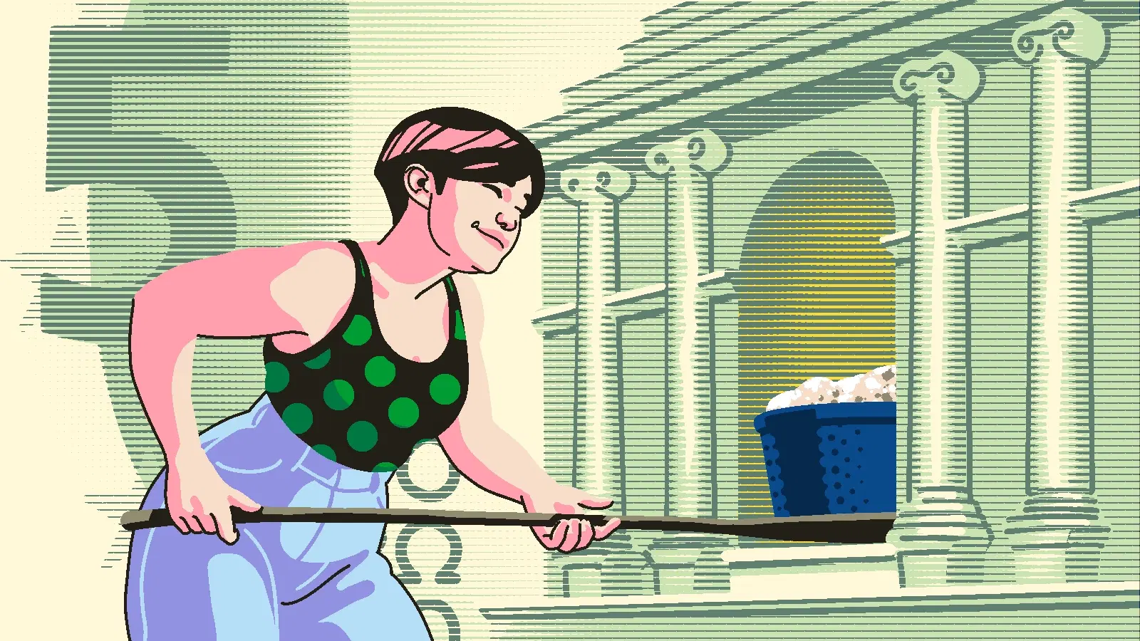 Nainen laittaa uuniin vuokaa, kuvassa viiden euon seteliä muistuttava tausta