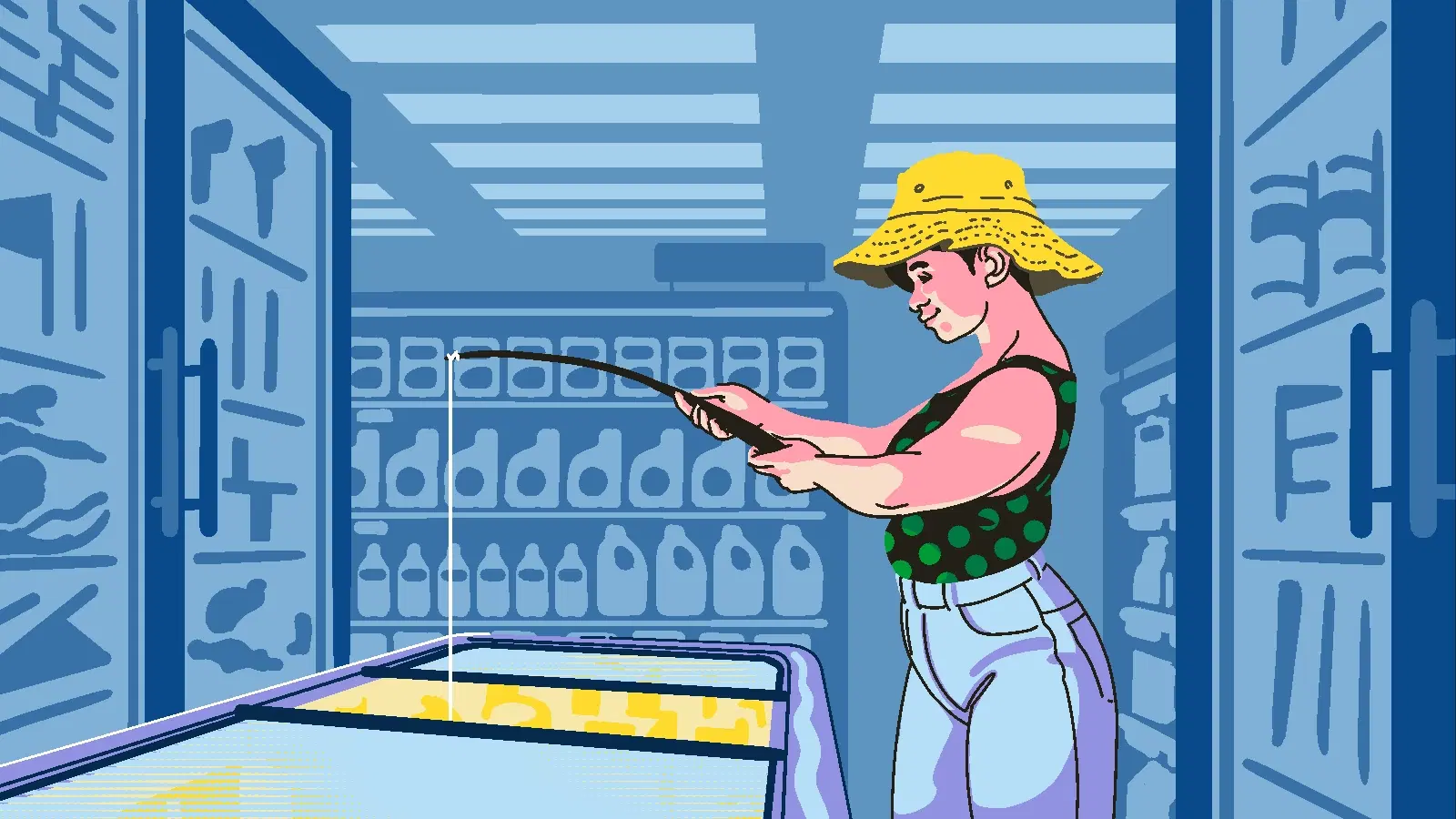 Piirroskuvassa nainen kalastaa pakastealtaasta ison kalan.