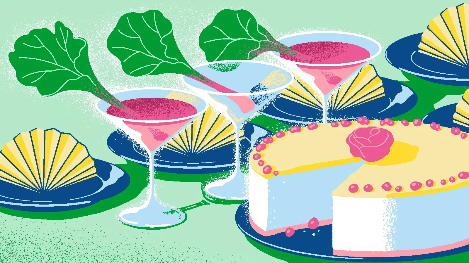 Piirroskuvituksessa on täytekakku, oksilla koristeltuja drinkkilaseja ja lautasia, joiden päällä on viuhkaksi taitellut servetit.