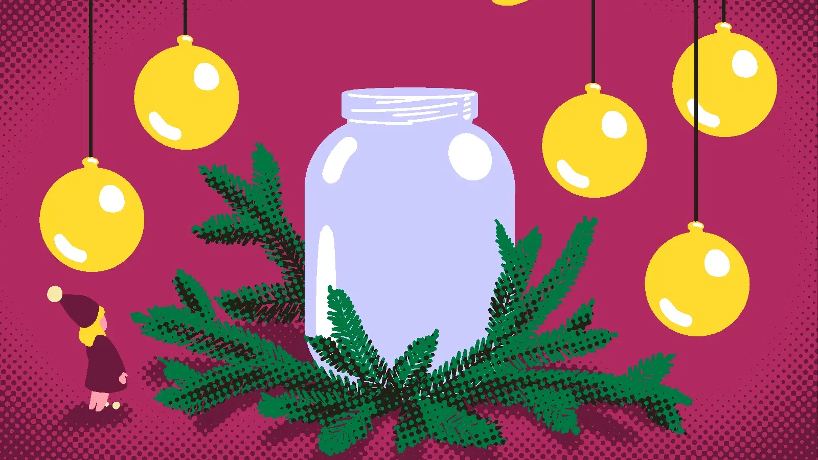 Piirroskuvituksessa tonttu katselee, kun lasinen purkki täyttyy sinapilla