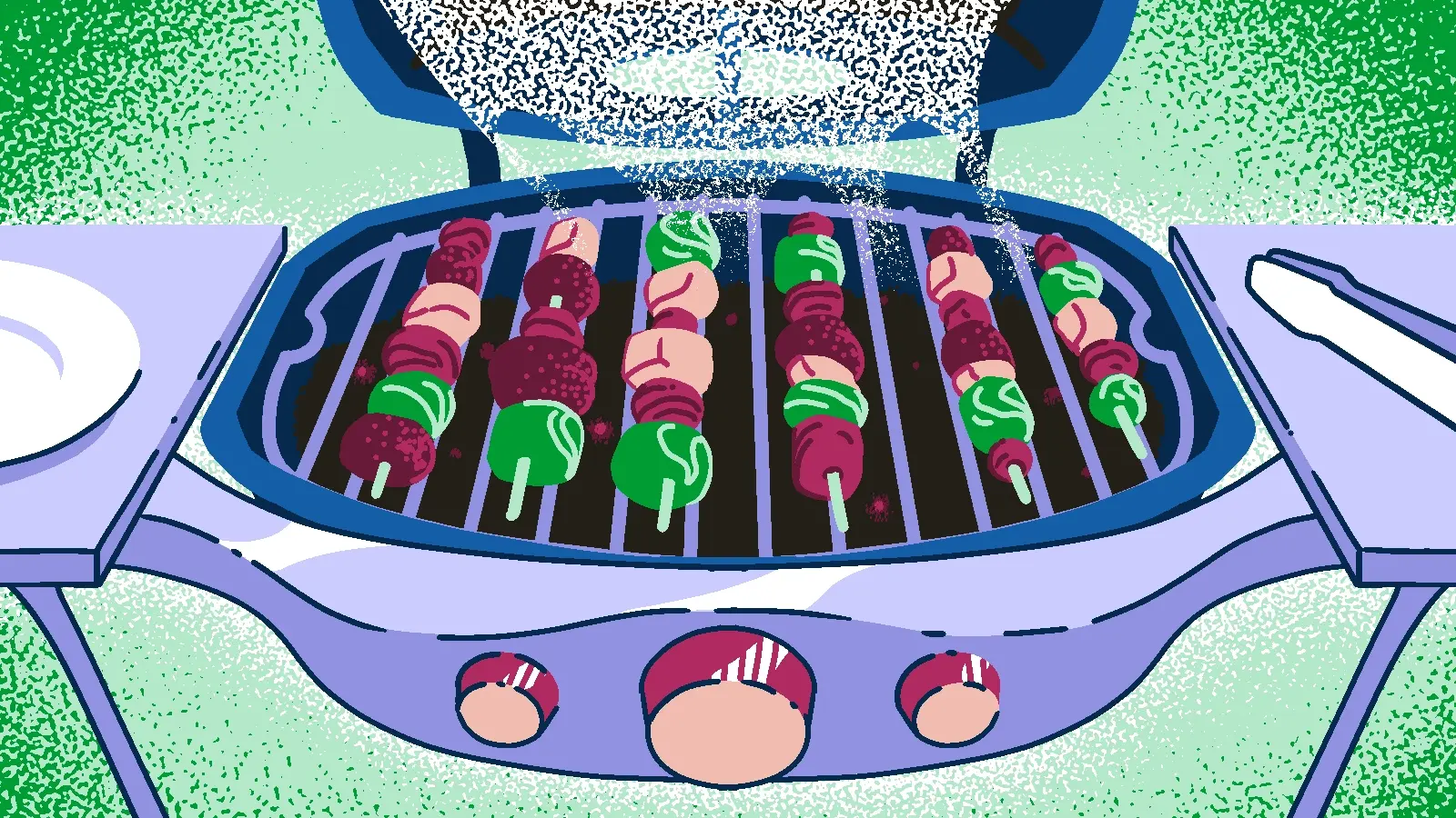 Piirroskuvituksessa grilli, jossa vaihtuu erilaisia grillattavia ruokia