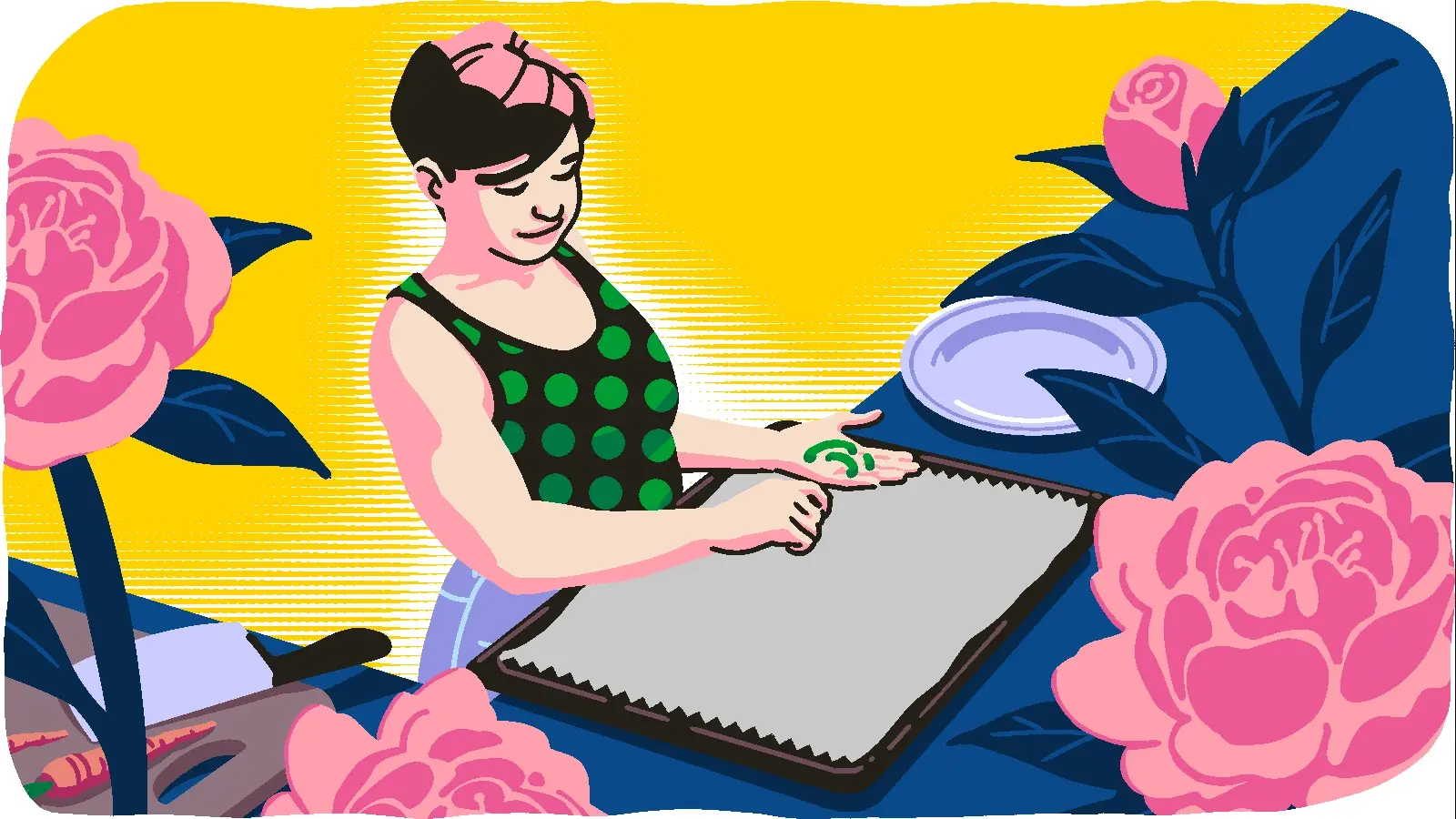 Piirroskuvituksessa ihminen levittää uunipellille ruokaa kukkien muotoon