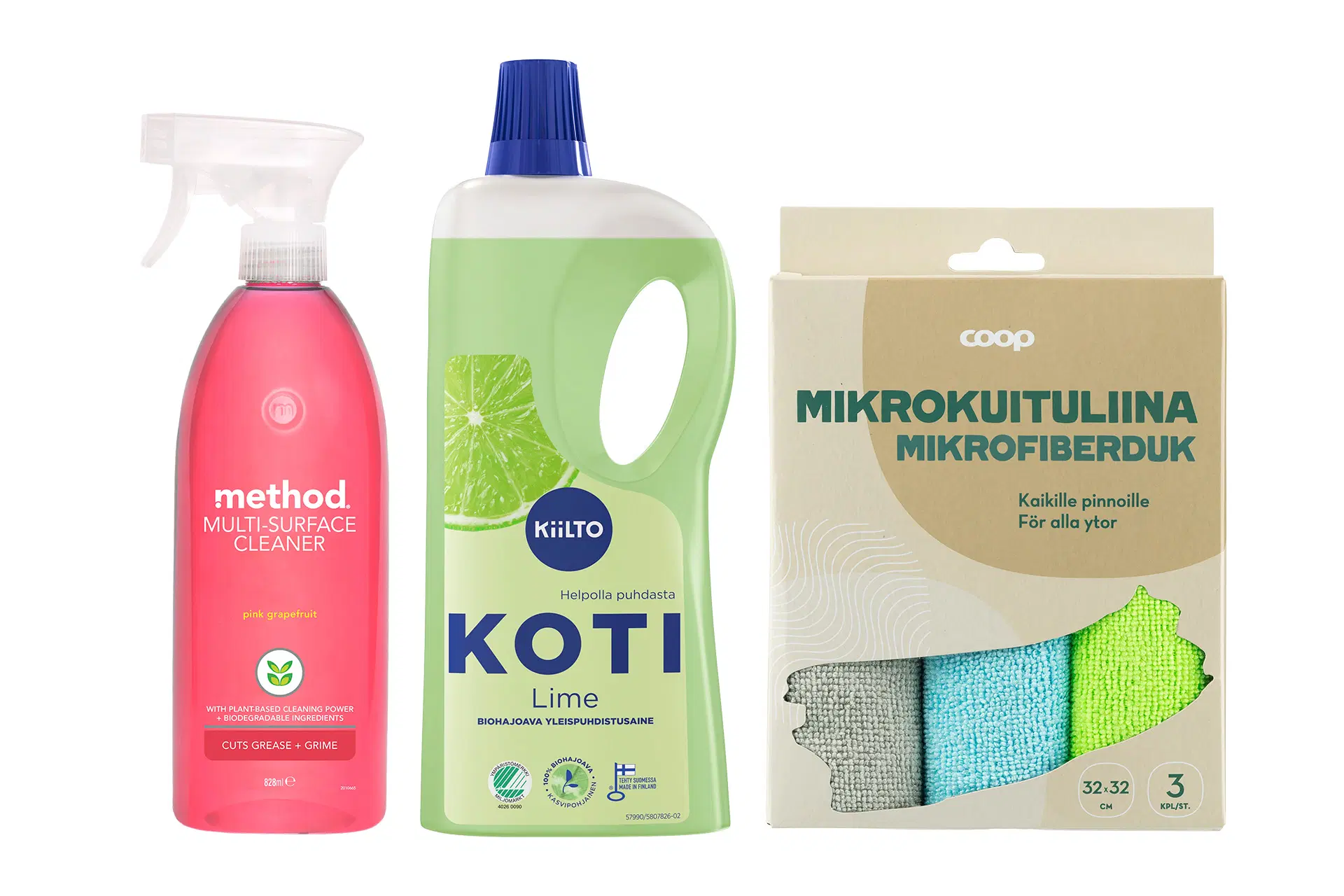 Kaksi yleispuhdistusainetta ja mikrokuituliinoja