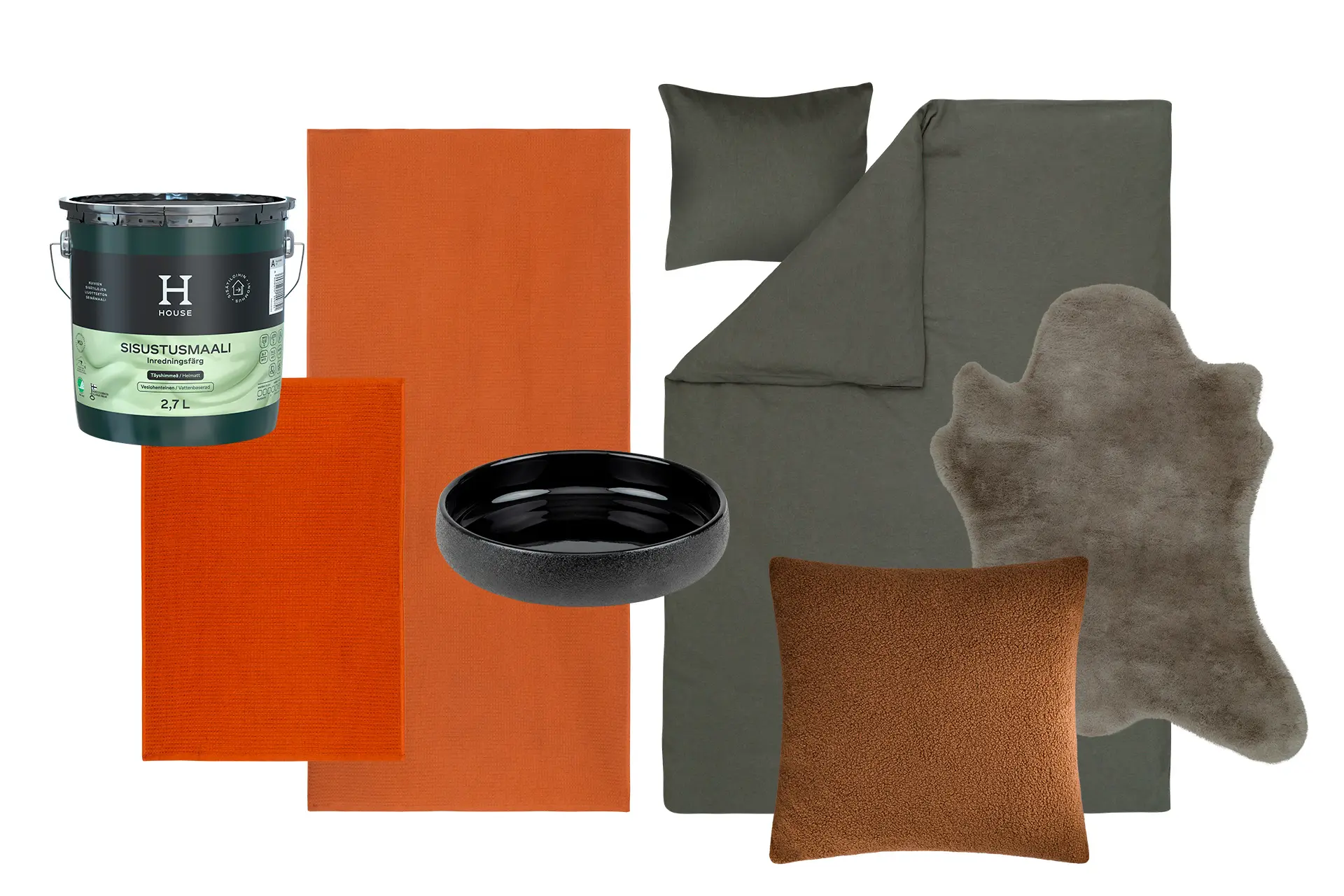 Harmaita ja oransseja sisustuselementtejä