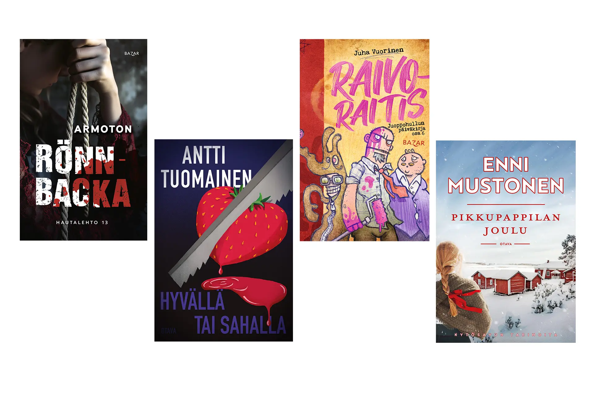 Neljän kauno- ja jännityskirjan kannet rivisä.