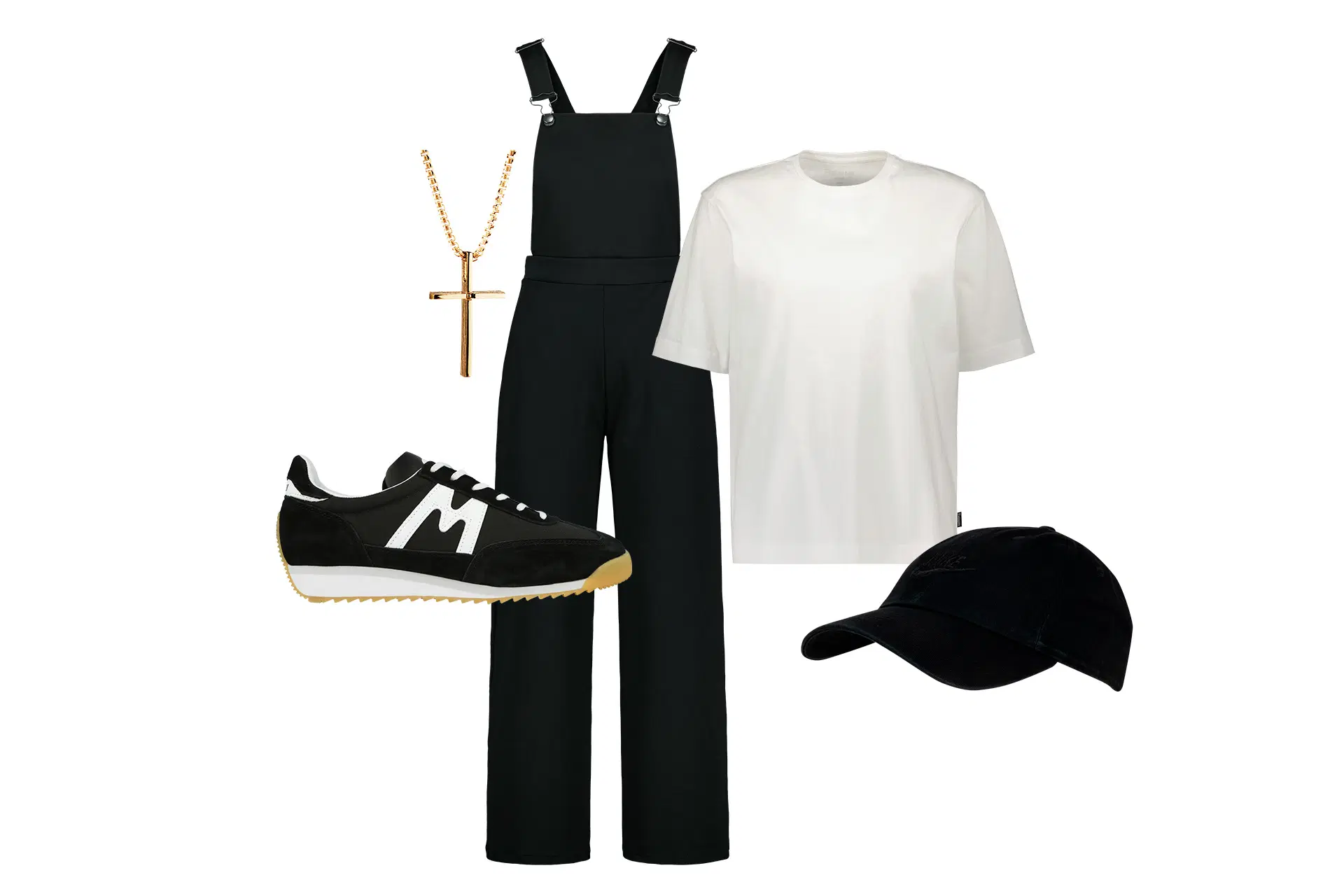 Haalarit, t-paita, lippis ja koru.