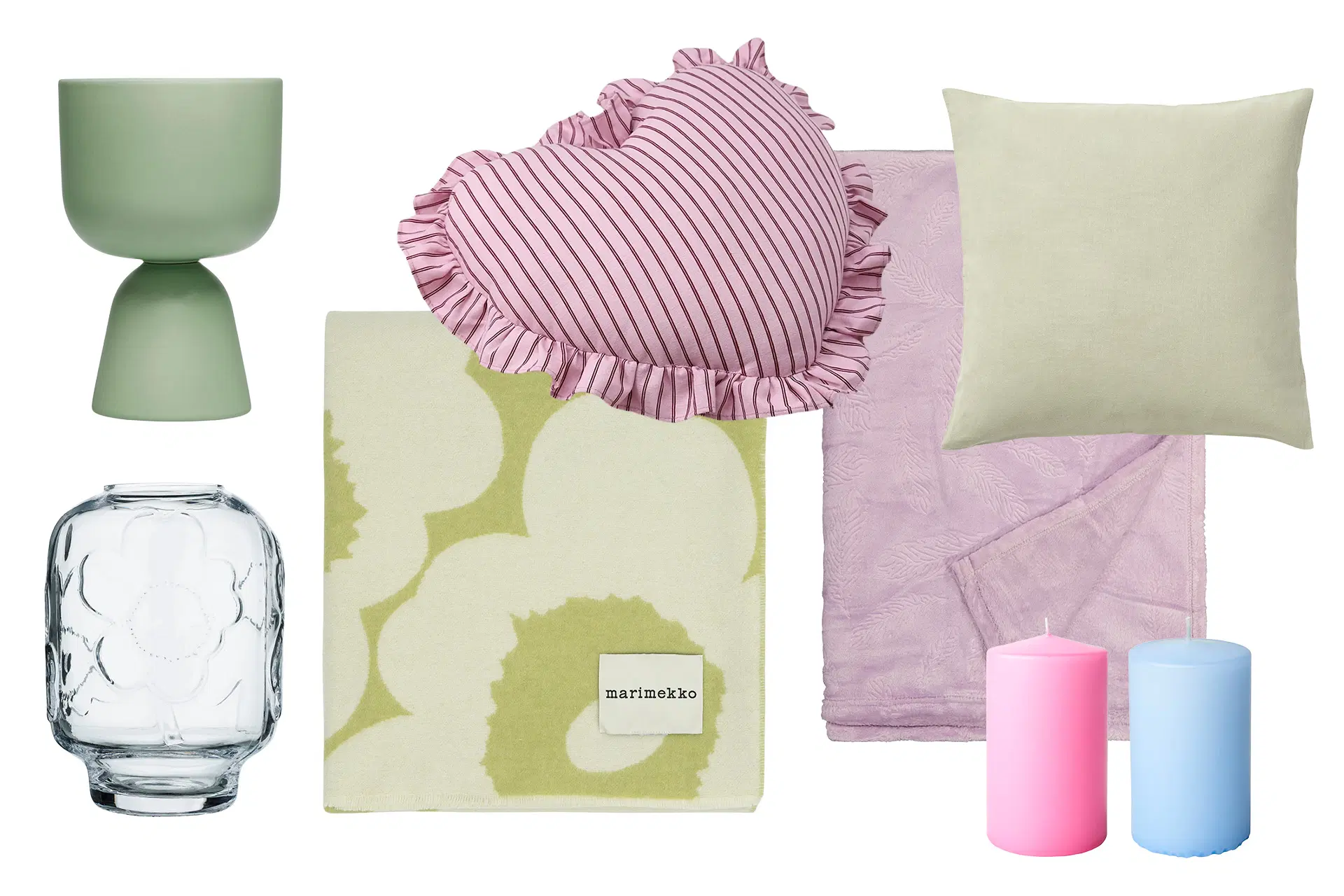 Pastellisävyisiä kodin tekstiilejä, maljakoita ja kynttilöitä