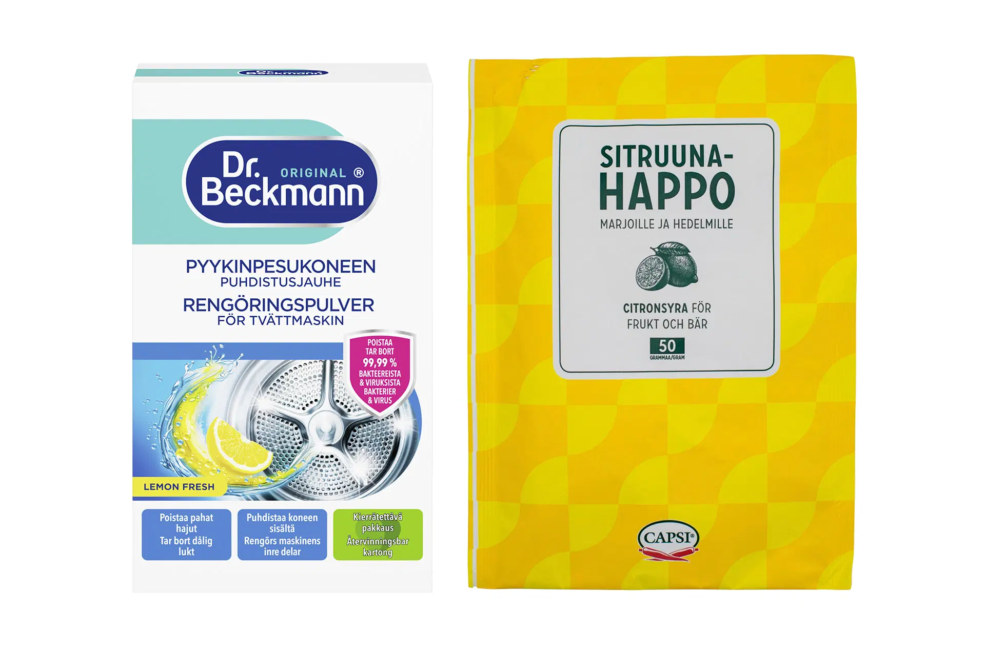 Pyykinpesukoneen puhdistusjauhe ja sitruunahappo