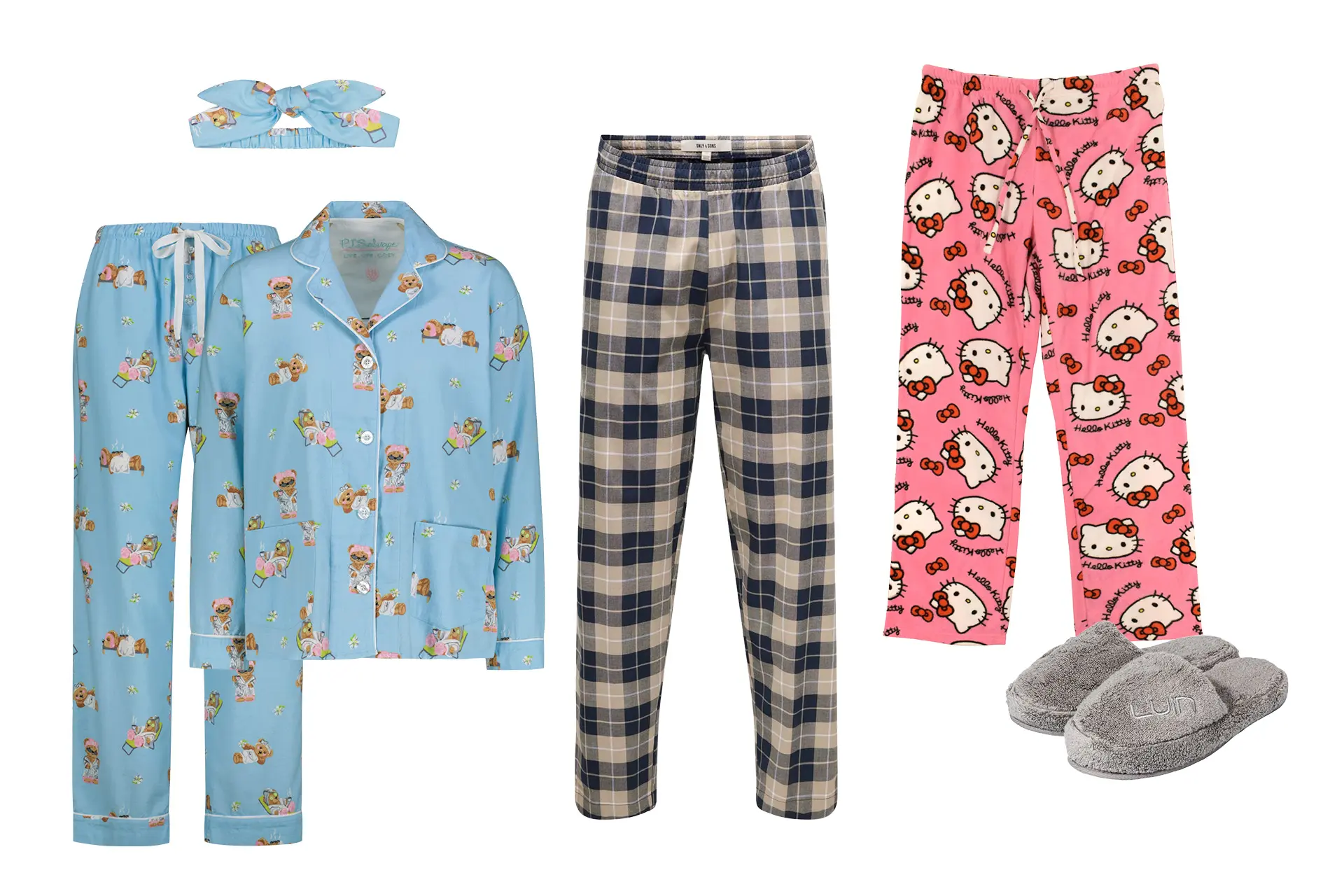 Pyjama, kahdet erilaiset pyjamahousut ja aamutossut