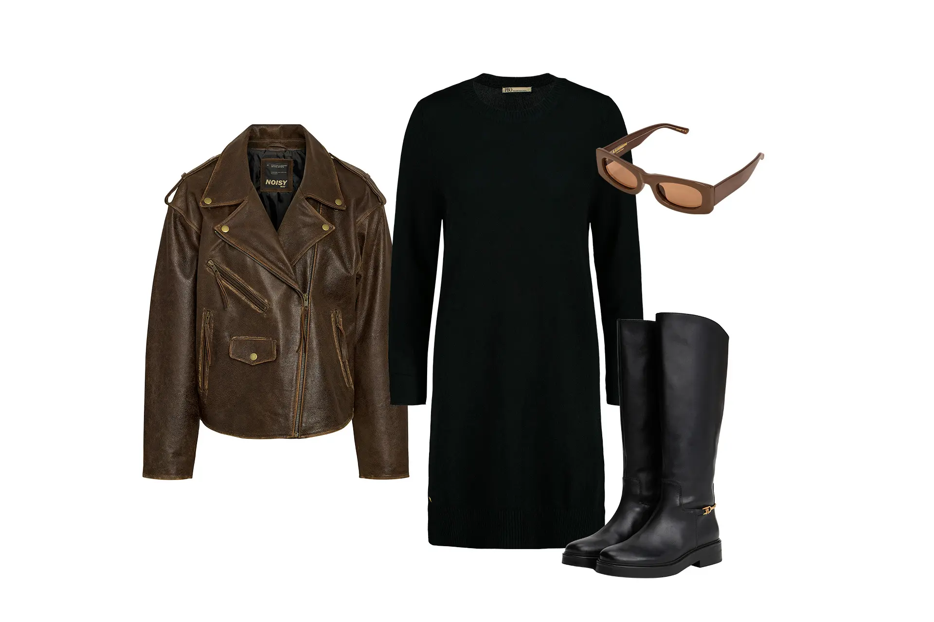 Nahkatakki, neulemekko, aurinkolasit ja buutsit