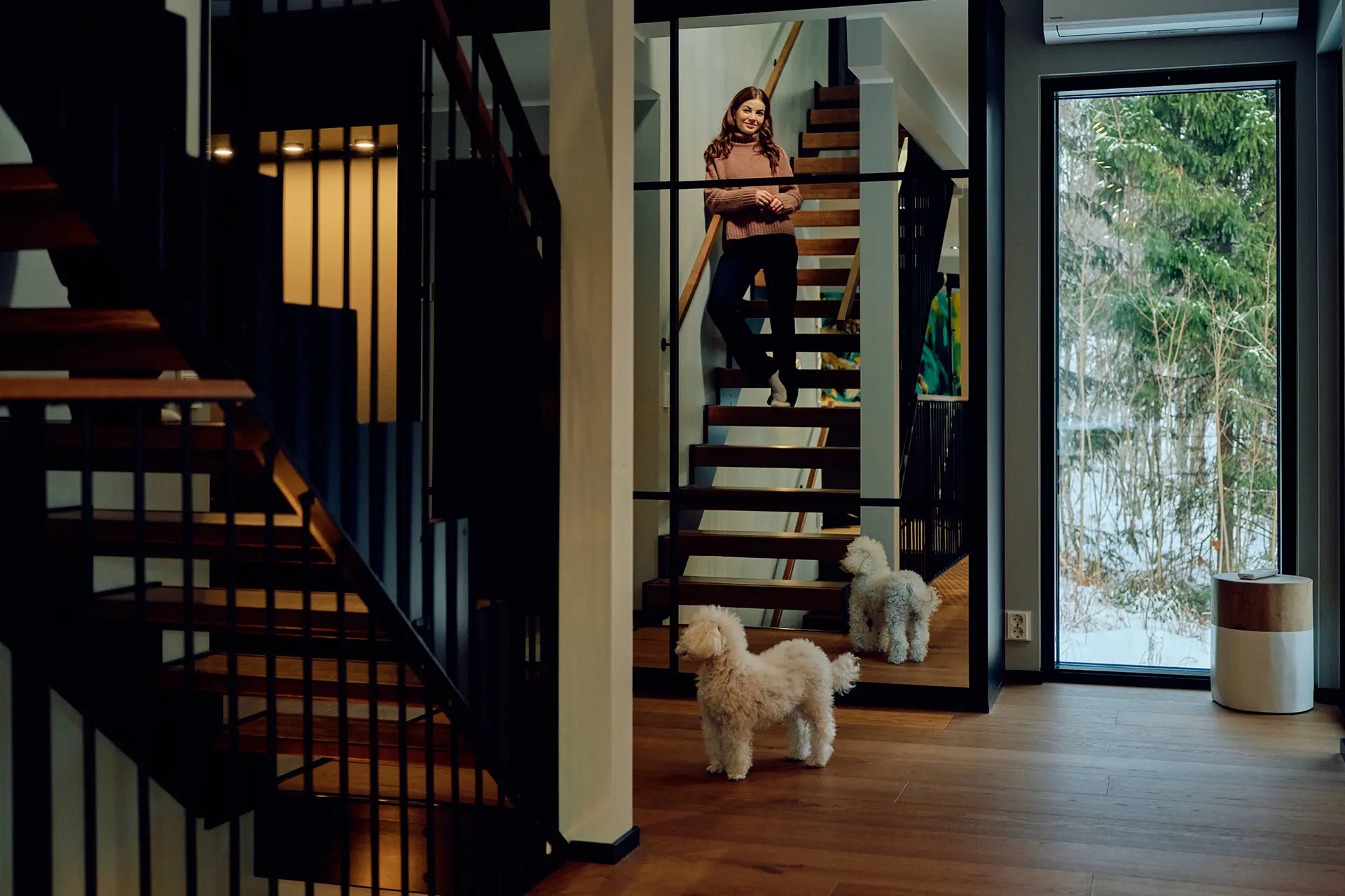 Janni Hussi modernin talon portaikossa, jota vastapäätä on suuri peili ja ikkuna. Alakerrassa odottaa pieni koira.