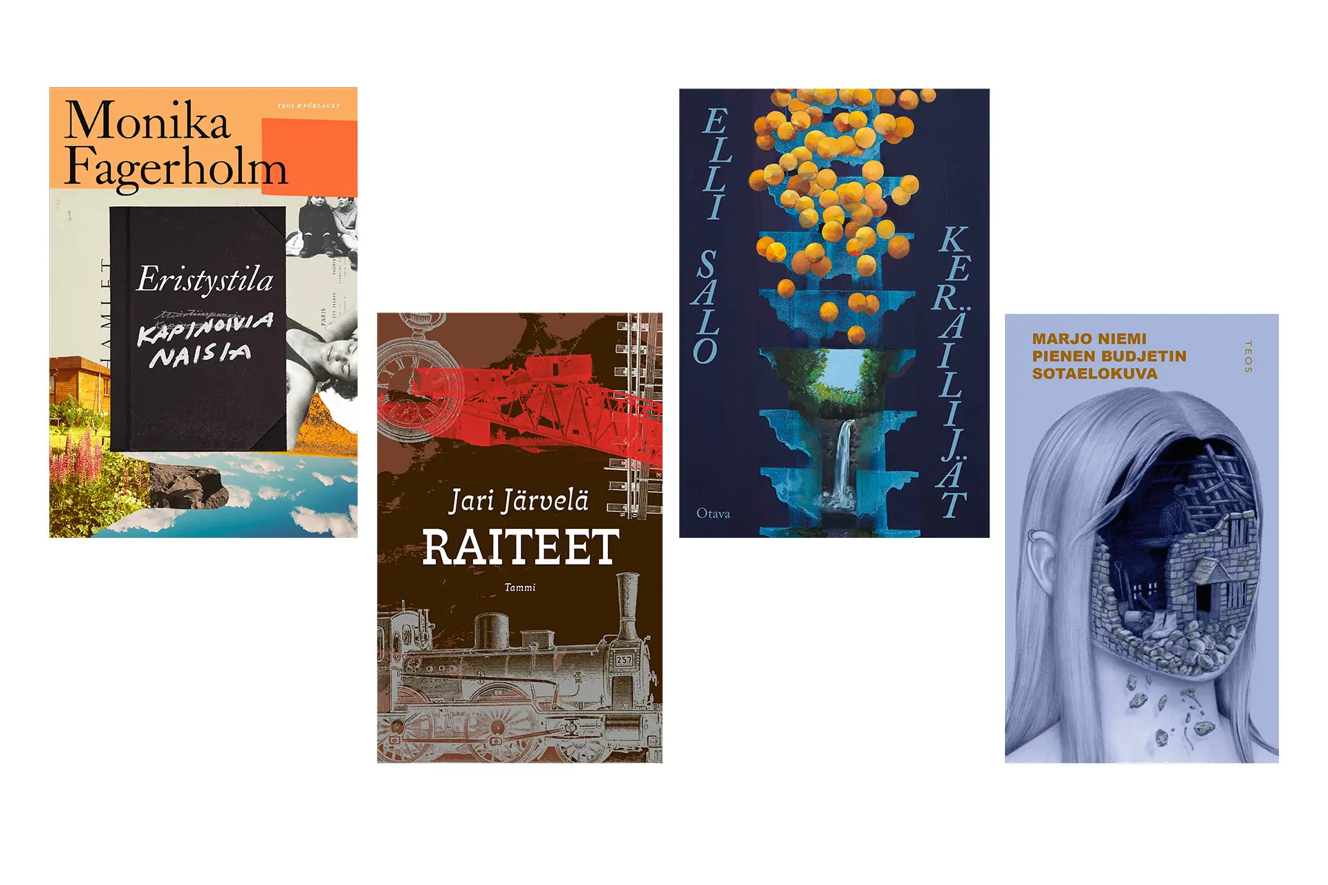 Neljän kaunokirjan kansikuvat rivissä.