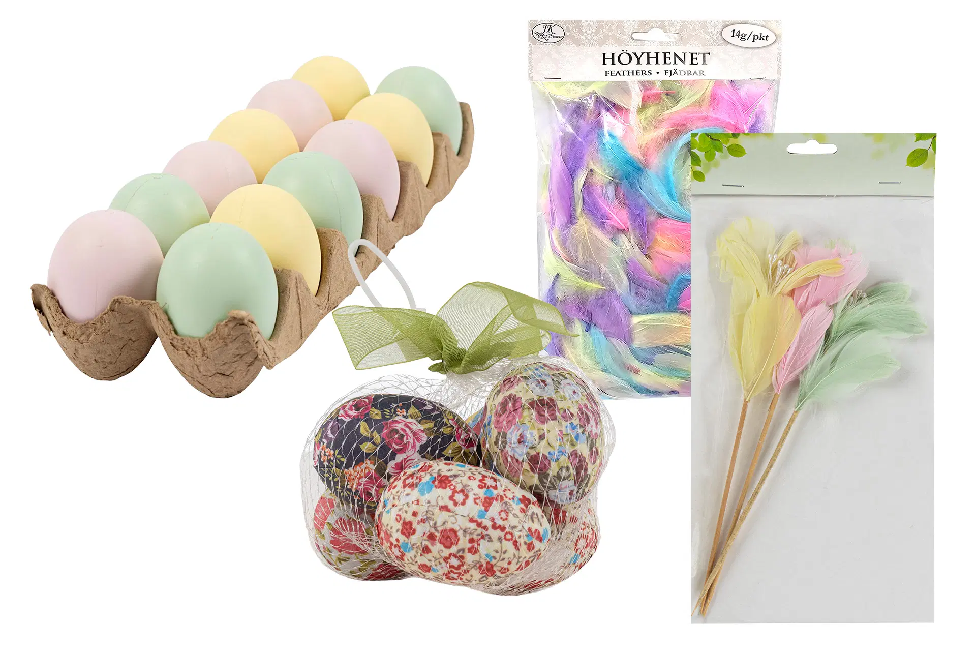 Koristepääsiäismunia ja höyheniä