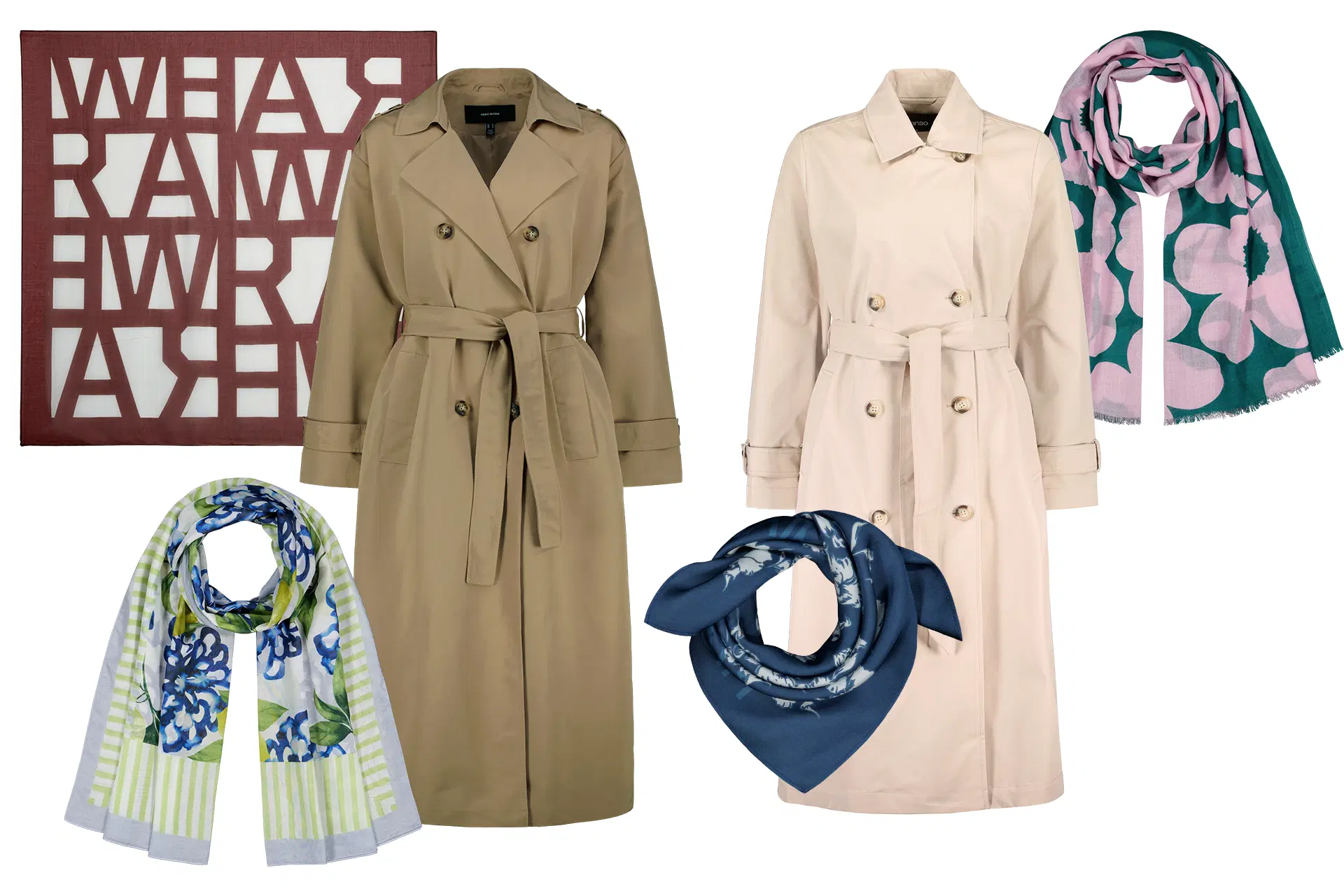 Kuvassa neljä huivia ja kaksi trenssitakkia.