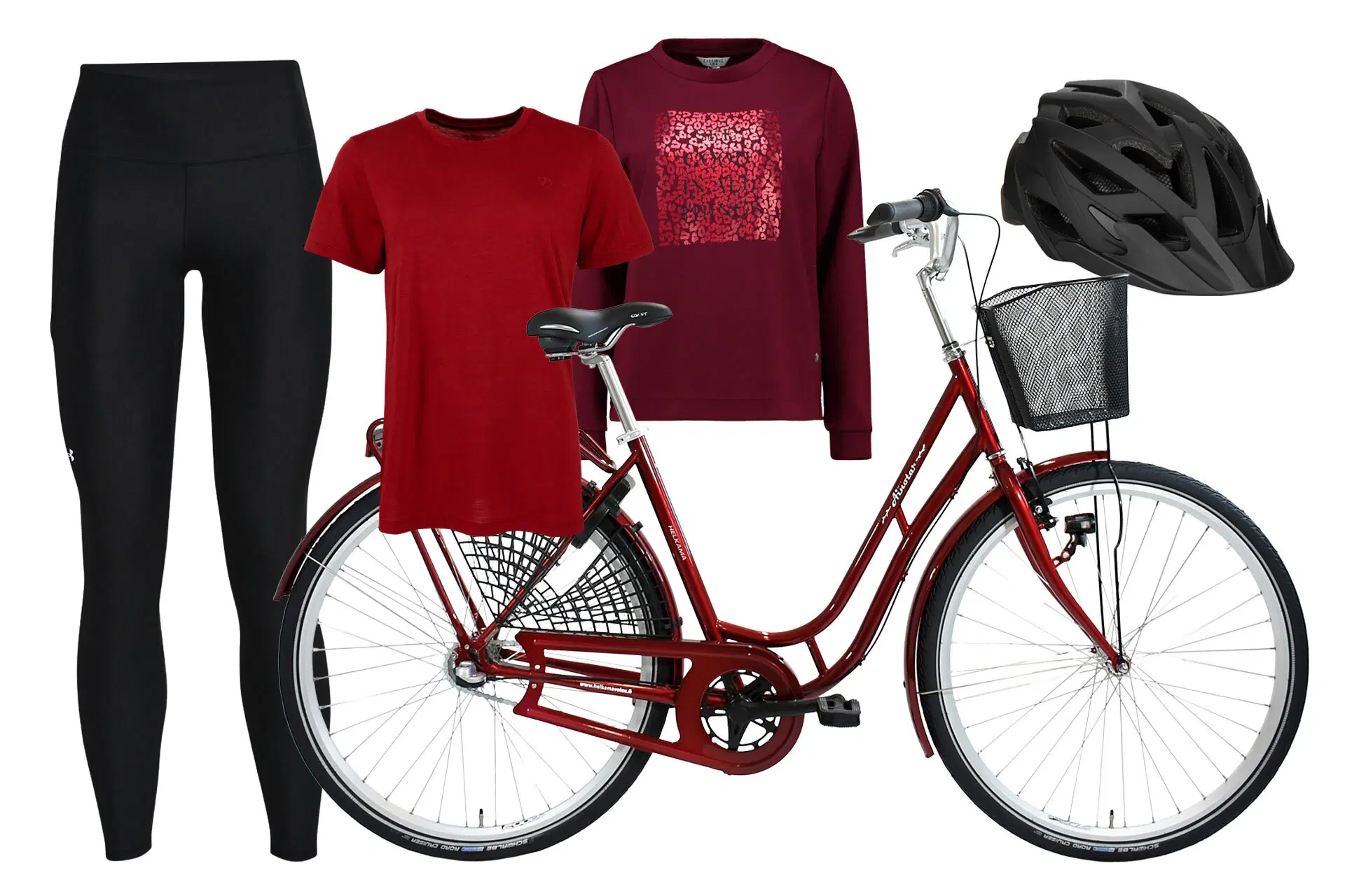 Punamusta urheiluasu ja punainen polkupyörä