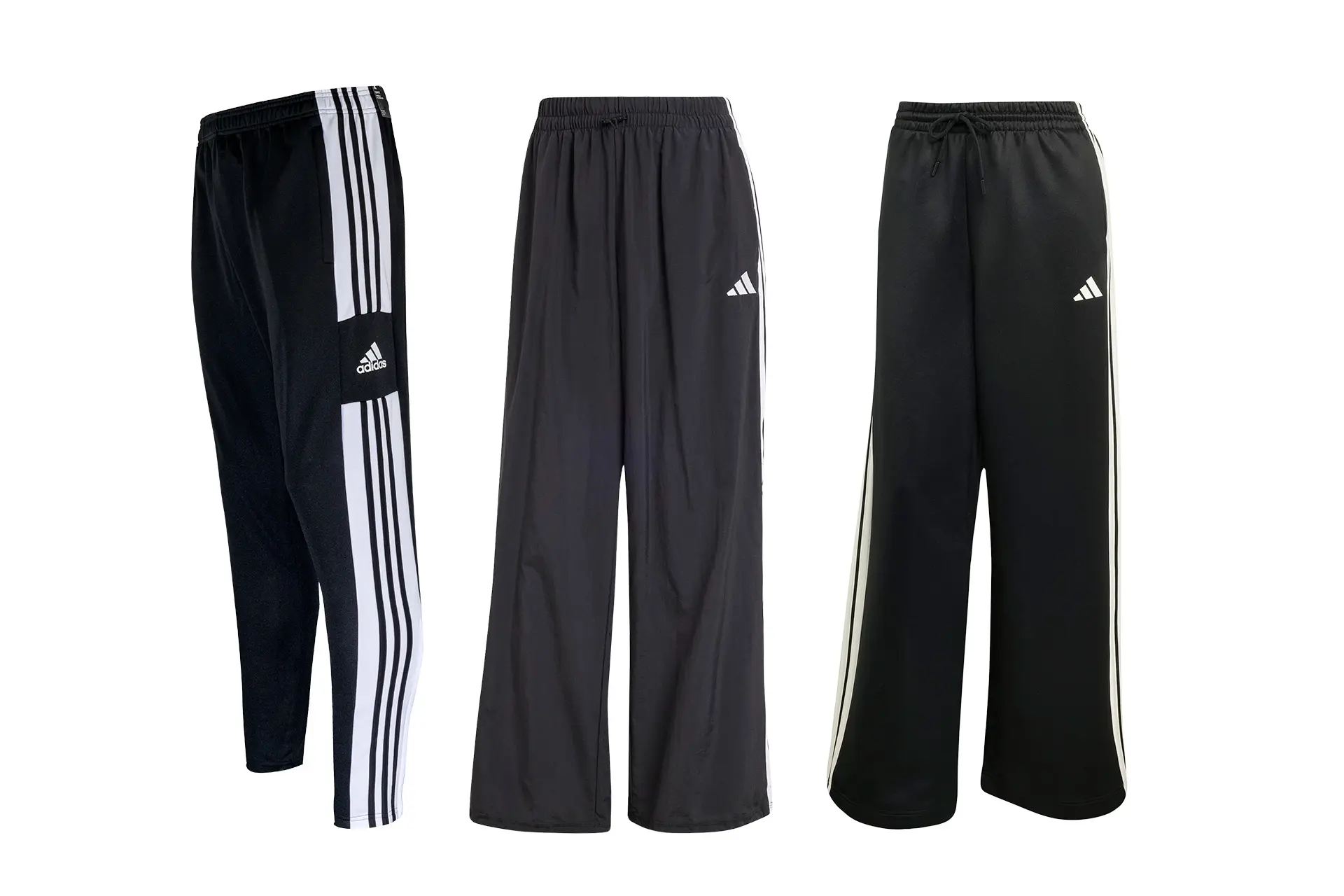 Kolme paria Adidaksen verkkareita eli verryttelyhousuja.