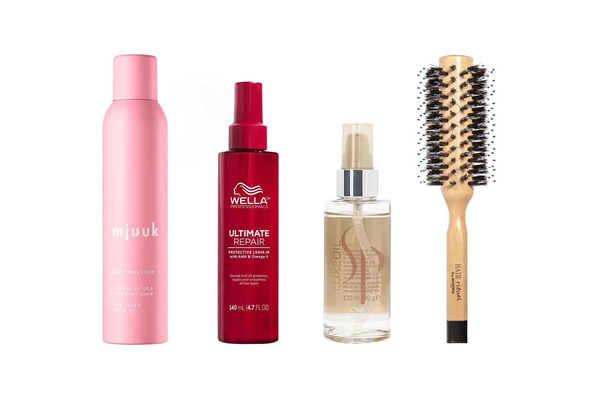 Lämpösuoja, hiusöljy, hiuksiin jätettävä hoitoaine ja fööniharja