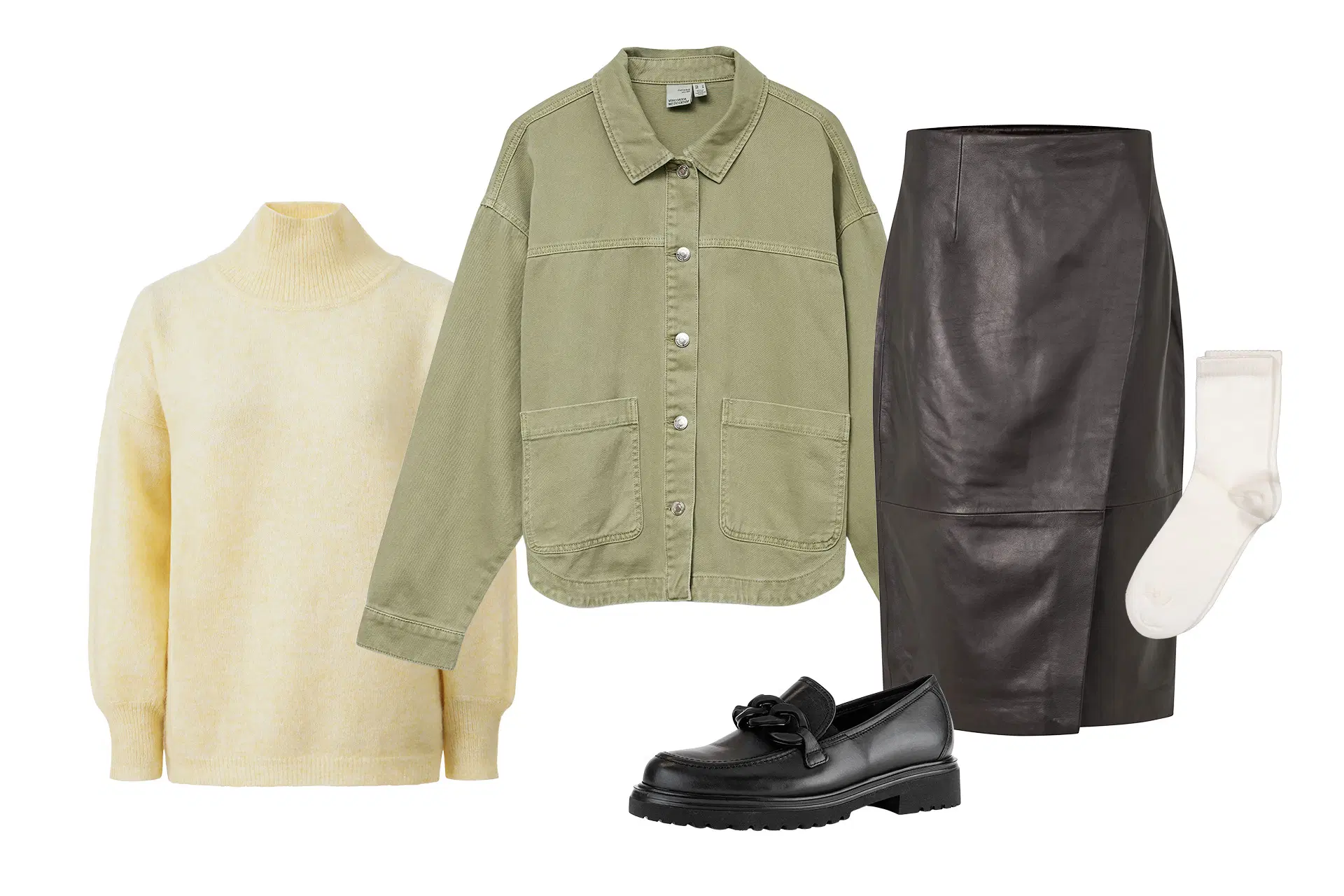 Valkoinen neule, vihreä takki, mustat loaferit, musta nahkahame, valkoinen sukka.