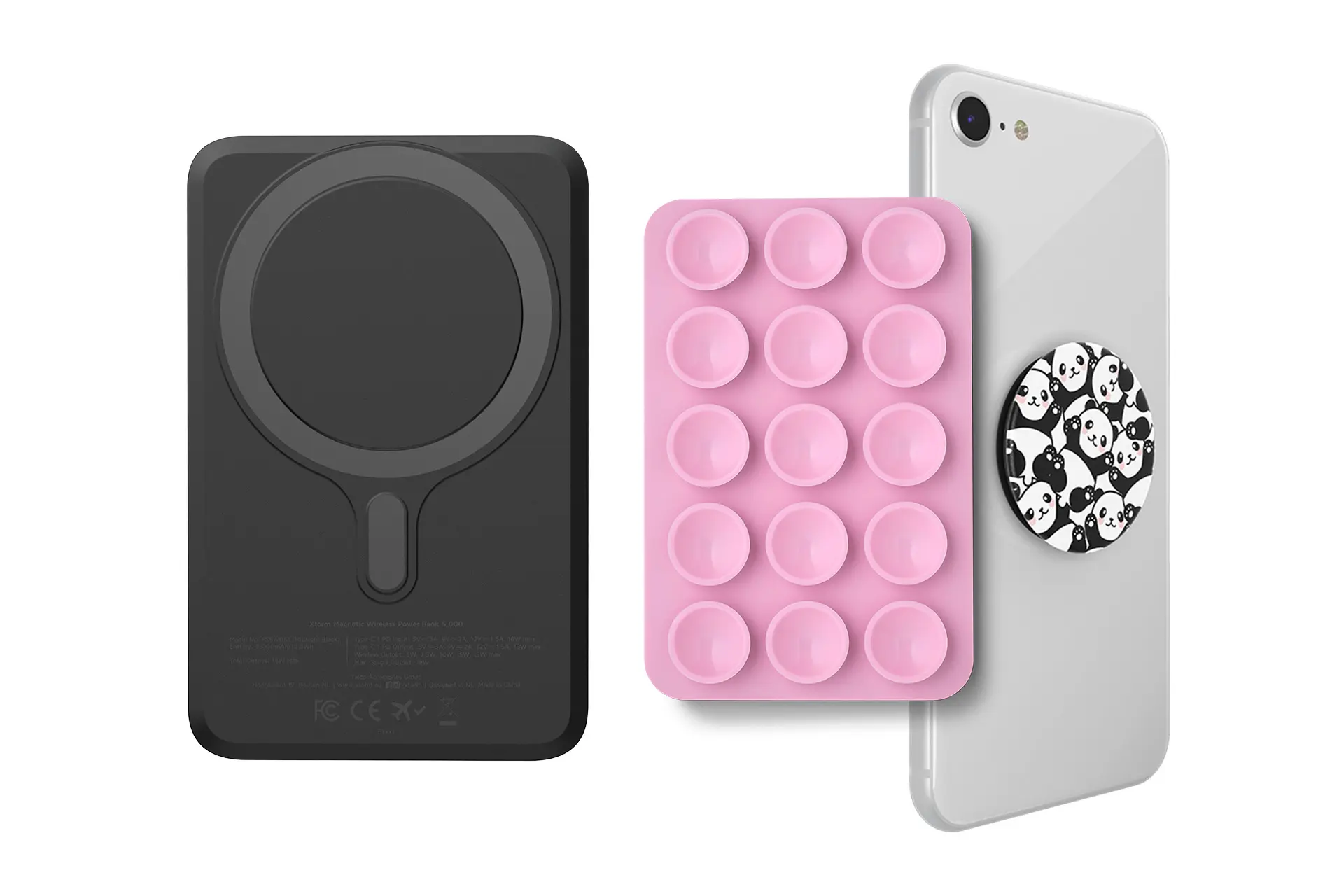 Varavirtalähde ja kaksi erilaista puhelinpidikettä