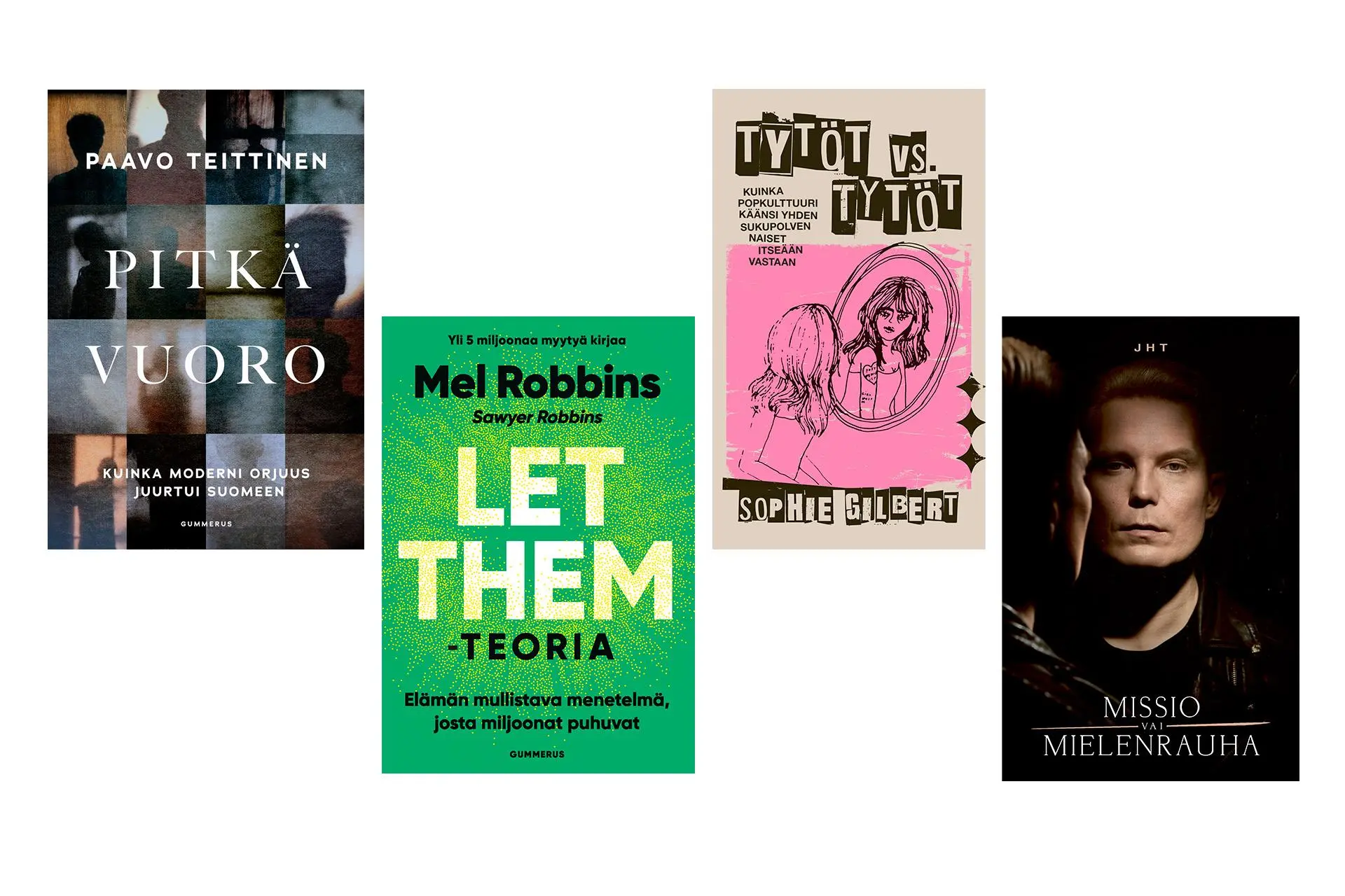 Neljän tietokirjan kansikuvat rivissä.