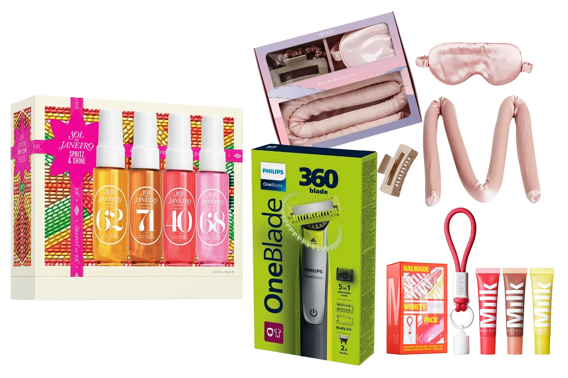 Hajuvesipakkaus, kiharruspakkaus, partakone ja huulikiiltopakkaus