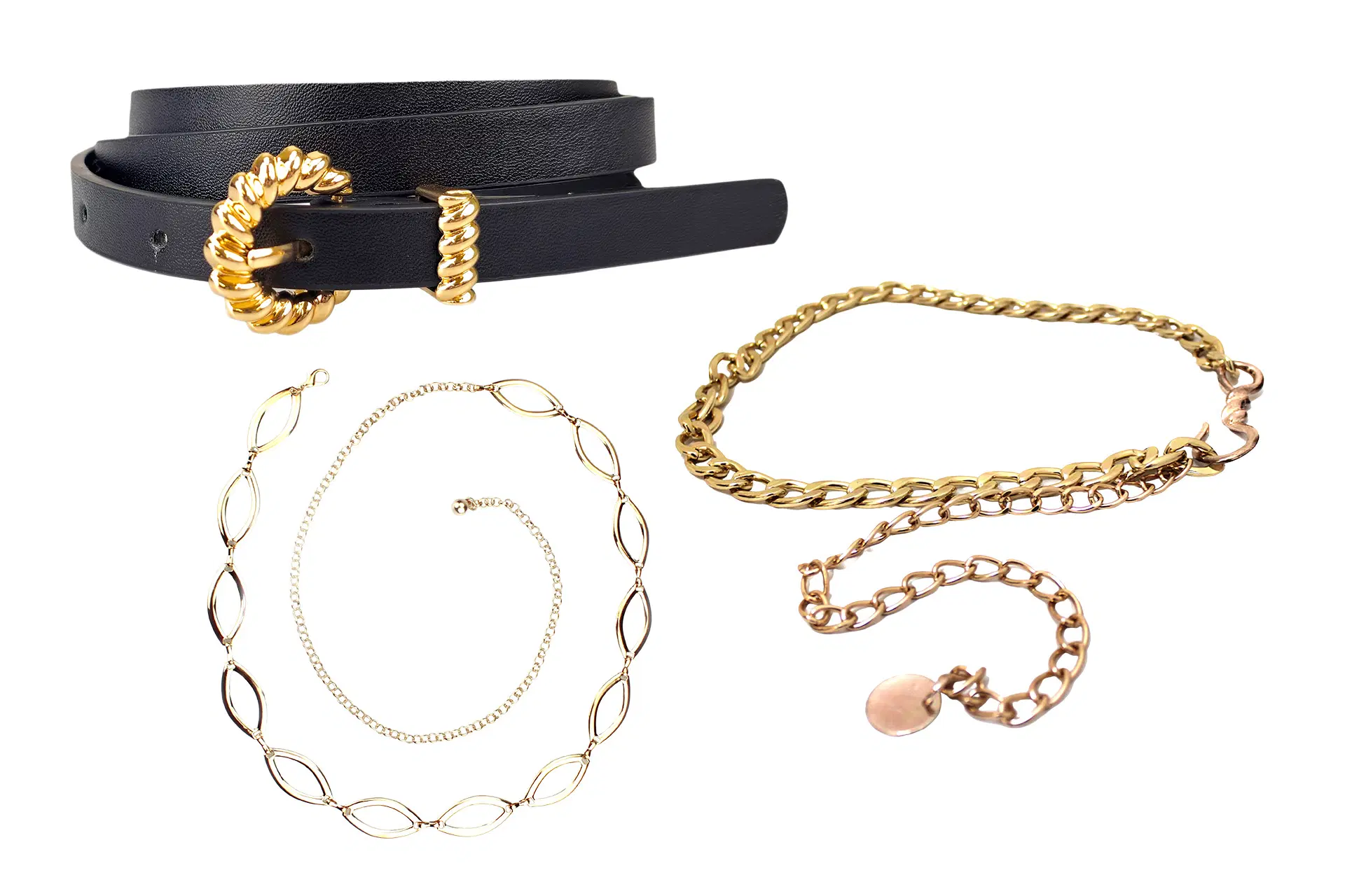 Nahkainen vyö ja kaksi kultaista ketjuvyötä