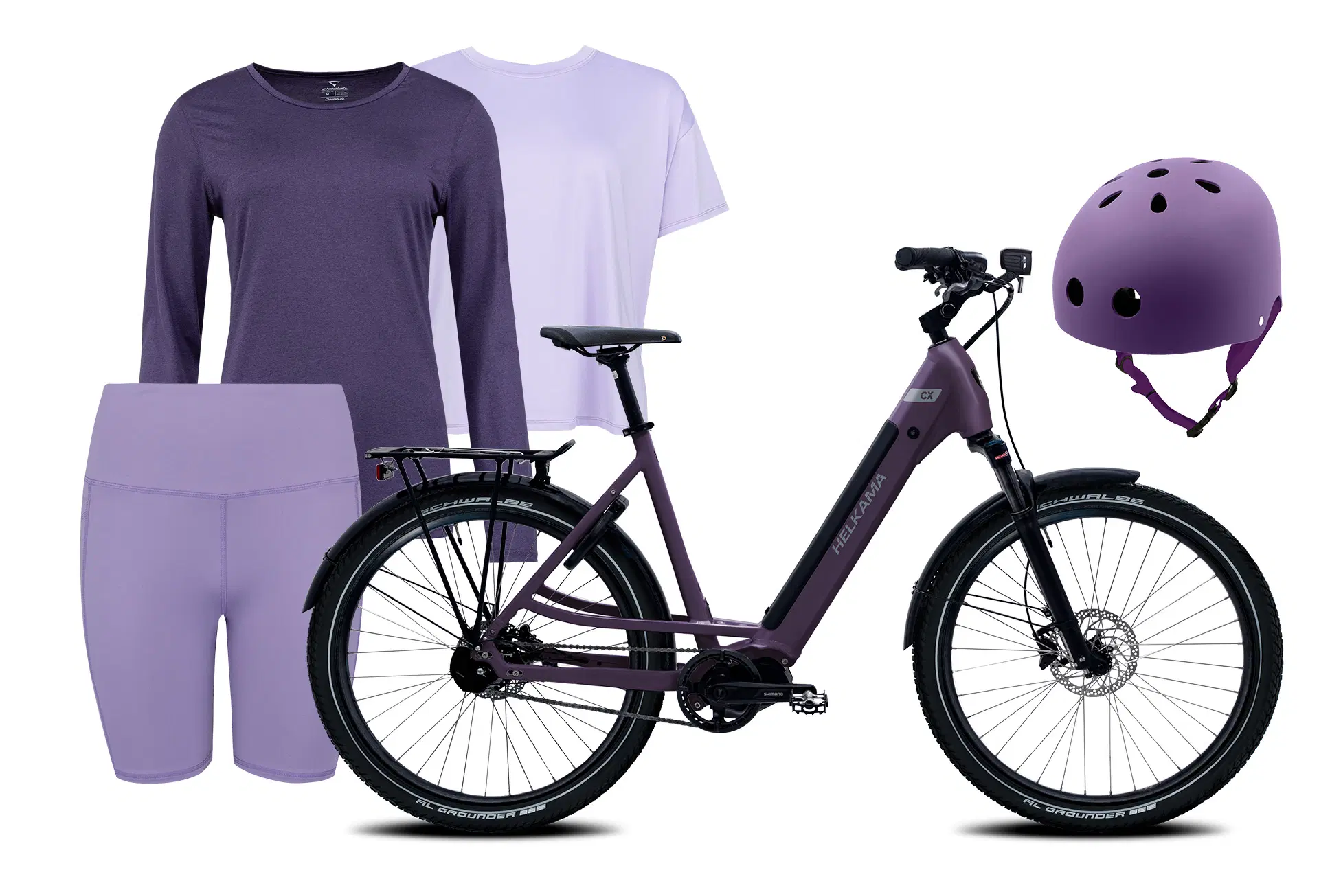 Liila urheiluasu ja liila sähköpyörä